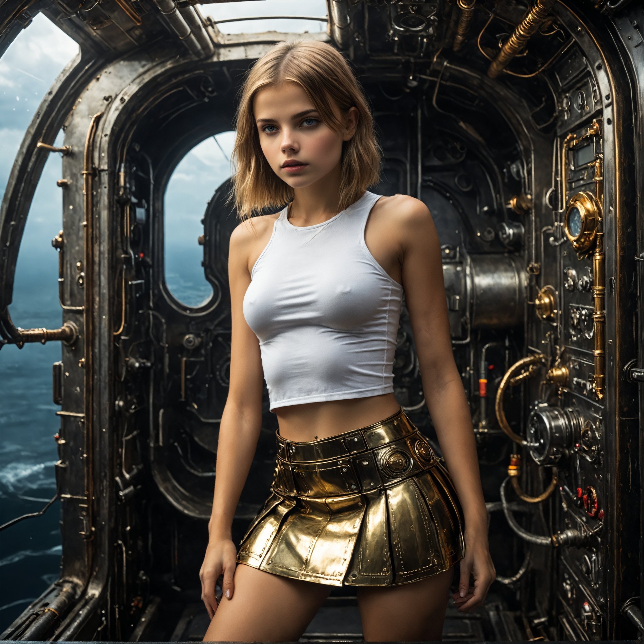 18 year old white European girl wearing a black crop top and a very short gold skirt.  She is inside a submarine.  high quality, best quality, 4k, 8k, hi resolution, very young girl, young face, short, small, petite, slim, great body, cute, beautiful, . photorealistic,cinematic, dark, moody light, hyper-realistic. ,Young Girl
Close front view,
a beautiful Russian girl, 15 yo,
Dark blonde long bob cut with blunt bangs, white bracelet, 

wearing black crop top and gold short skirt, 
(slim figure:1.5), 
, 
intricate artwork masterpiece, ominous, matte painting movie poster, golden ratio, trending on cgsociety, intricate, epic, trending on artstation, by artgerm, h. r. giger and beksinski, highly detailed, vibrant, production cinematic character render, ultra high quality model,
BREAK
The background should exhibit a metallic surface with rivets, scratches, and weathered textures, resembling a durable and aged spacecraft component. The background texture should convey a sense of industrial strength, featuring a combination of brushed metal, worn paint, and subtle rust or oxidation. Emphasize variations in color, light reflections, and surface imperfections to evoke an authentic and lived-in appearance commonly found on the exterior of a well-traveled spaceship. Use only straight, blocky or linear patterns,White Russian,Young Girl,flat chested,Young girl