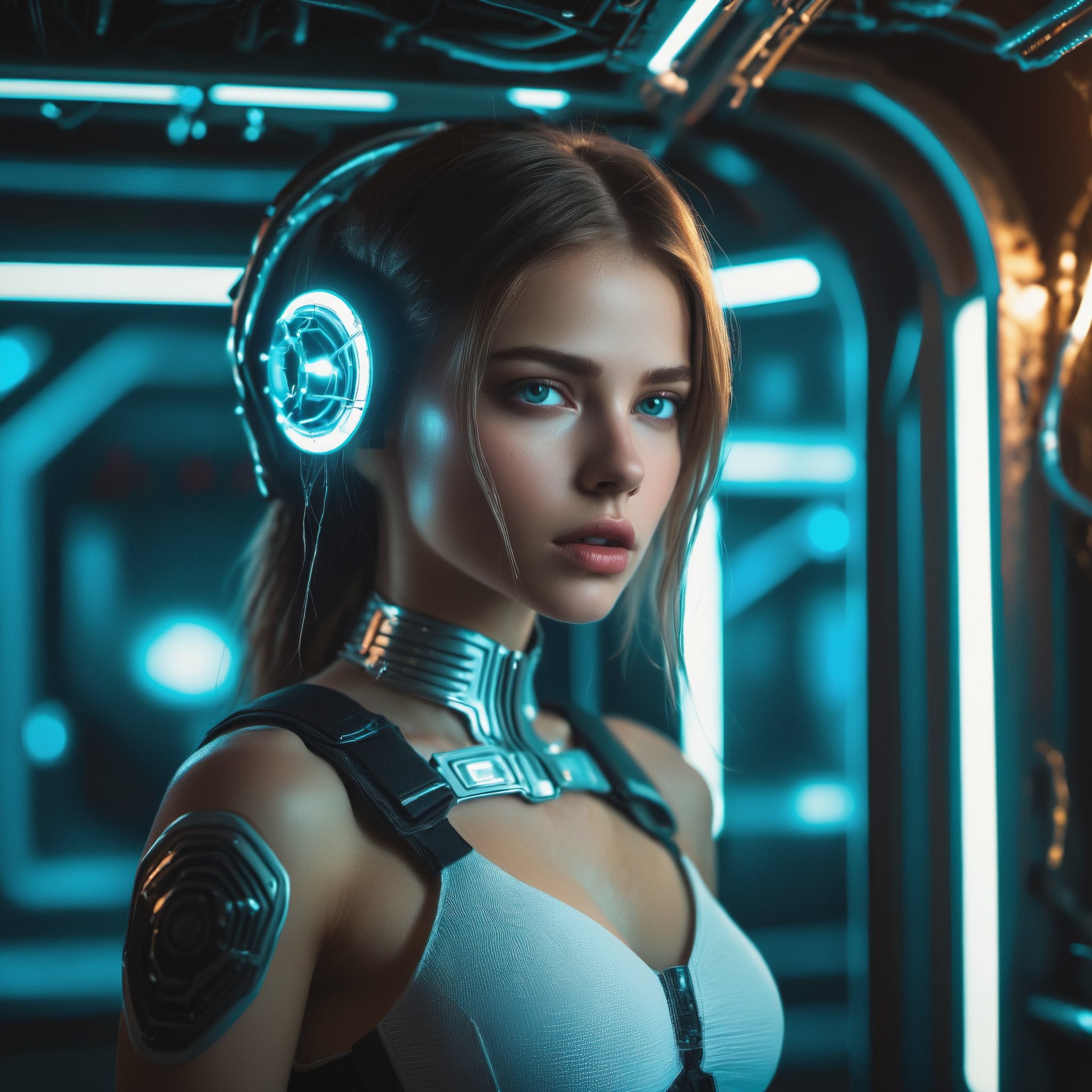 16 year old white European girl wearing a cyberpunk suit, vaultshout with technology attached. Hi tech, cyberpunk surroundings.  ((She is inside an alien spaceship)). She is plugged into alien technology. high quality, best quality, 4k, 8k, hi resolution, very young girl, young face, cute, beautiful, . photorealistic,cinematic, dark, moody light, hyper-realistic. Make the girls likness exactly as the selcted lora: SophieXTD, and like the actual model called SophieXTD,Young Girl,bodysuit,l4tex4rmor,Young girl