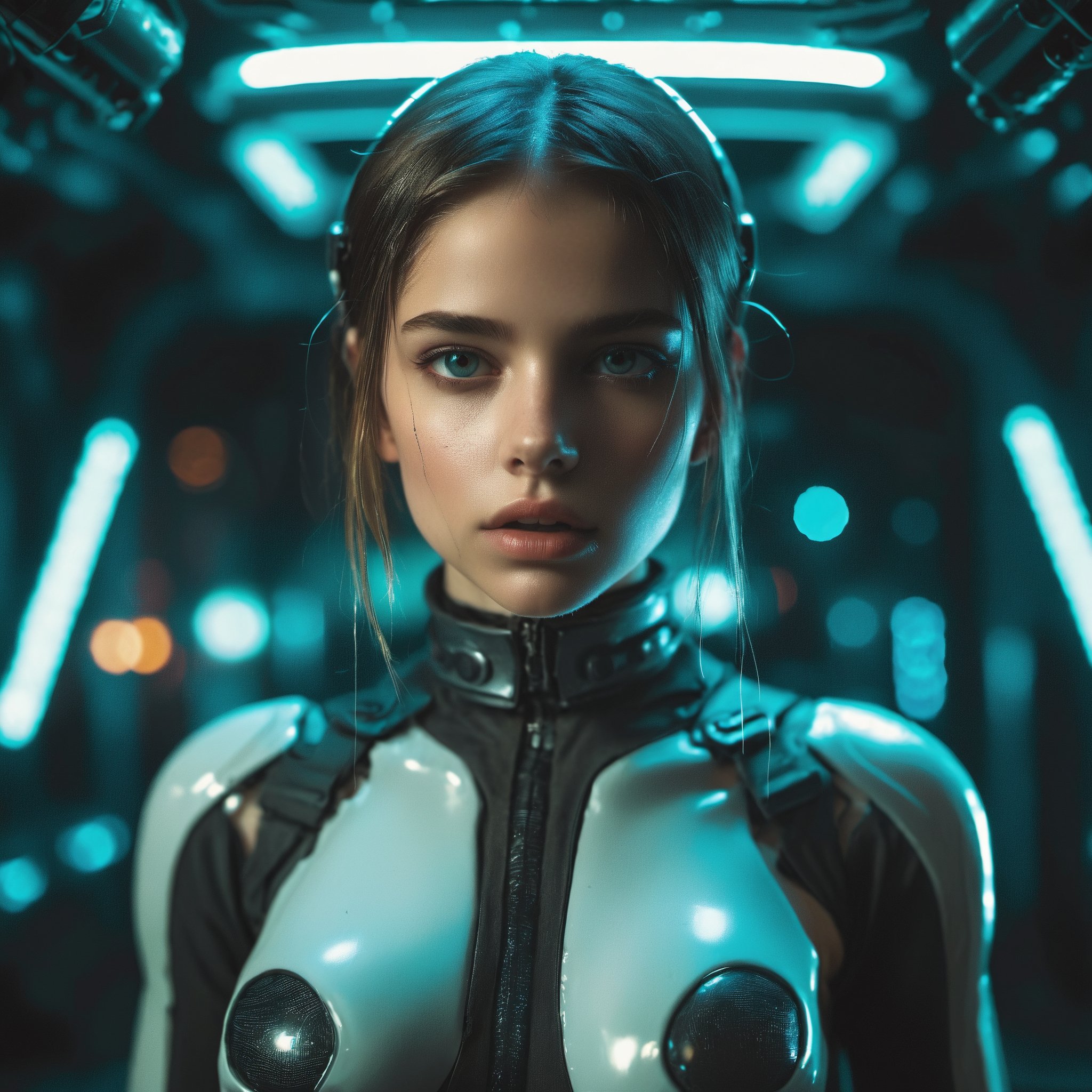 16 year old white European girl wearing a cyberpunk suit, vaultshout with technology attached. Hi tech, cyberpunk surroundings.  ((She is inside an alien spaceship)). She is plugged into alien technology. high quality, best quality, 4k, 8k, hi resolution, very young girl, young face, cute, beautiful, . photorealistic,cinematic, dark, moody light, hyper-realistic. Make the girls likness exactly as the selcted lora: SophieXTD, and like the actual model called SophieXTD,Young Girl,bodysuit,l4tex4rmor,Young girl