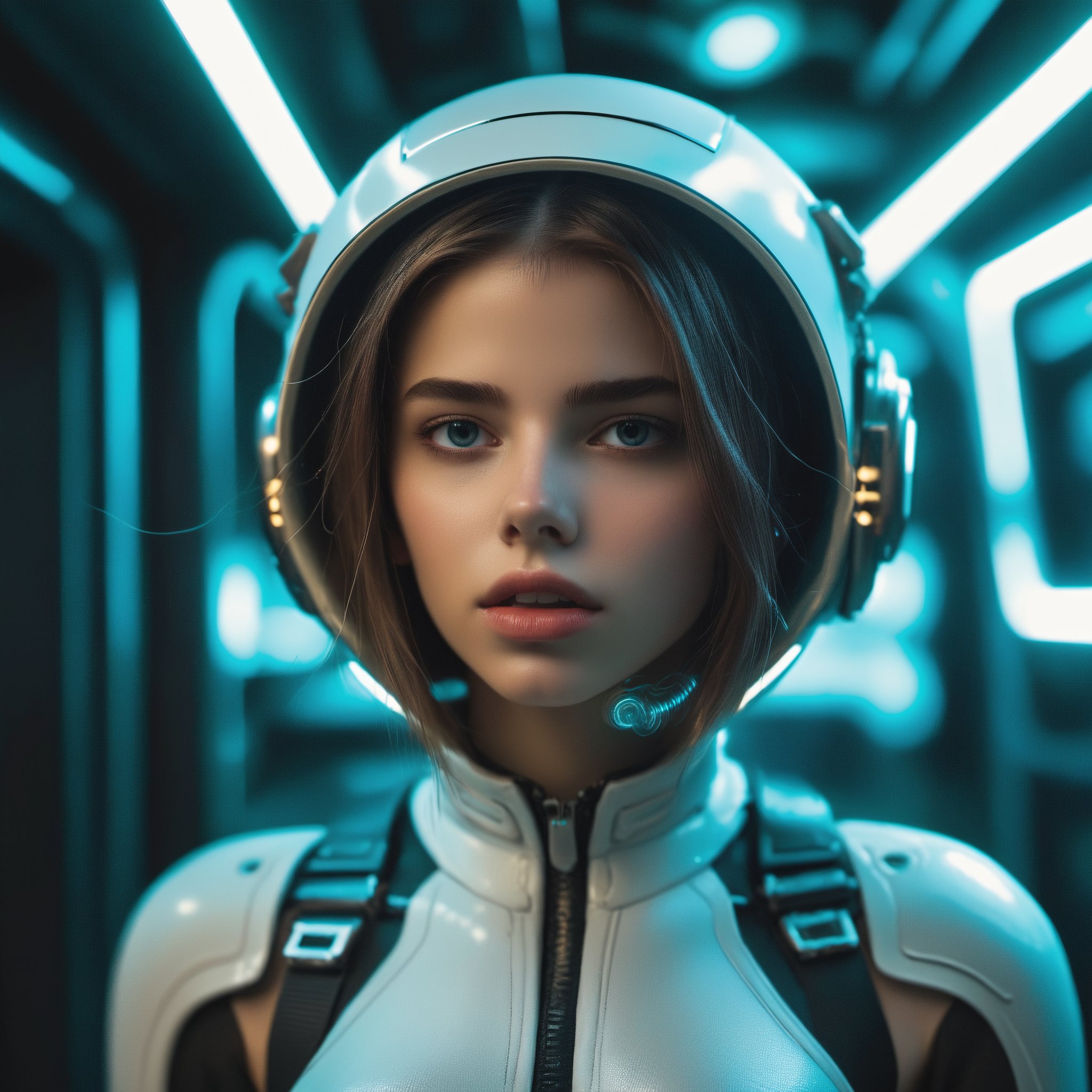 16 year old white European girl wearing a cyberpunk suit, vaultshout with technology attached. Hi tech, cyberpunk surroundings.  ((She is inside an alien spaceship)). She is plugged into alien technology. high quality, best quality, 4k, 8k, hi resolution, very young girl, young face, cute, beautiful, . photorealistic,cinematic, dark, moody light, hyper-realistic. Make the girls likness exactly as the selcted lora: SophieXTD, and like the actual model called SophieXTD,Young Girl,bodysuit,l4tex4rmor,Young girl