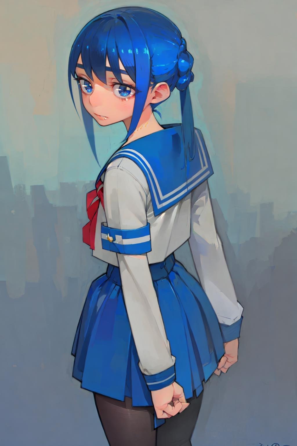 masterpiece,  AGGA_ST060,  1girl,  solo,  long hair,  looking at viewer,  blue eyes,  dress,  school uniform,  blue hair,  pantyhose,  serafuku,  looking back,  sailor collar,  black pantyhose,  half updo,  sailor dress,<lora:EMS-277417-EMS:0.700000>