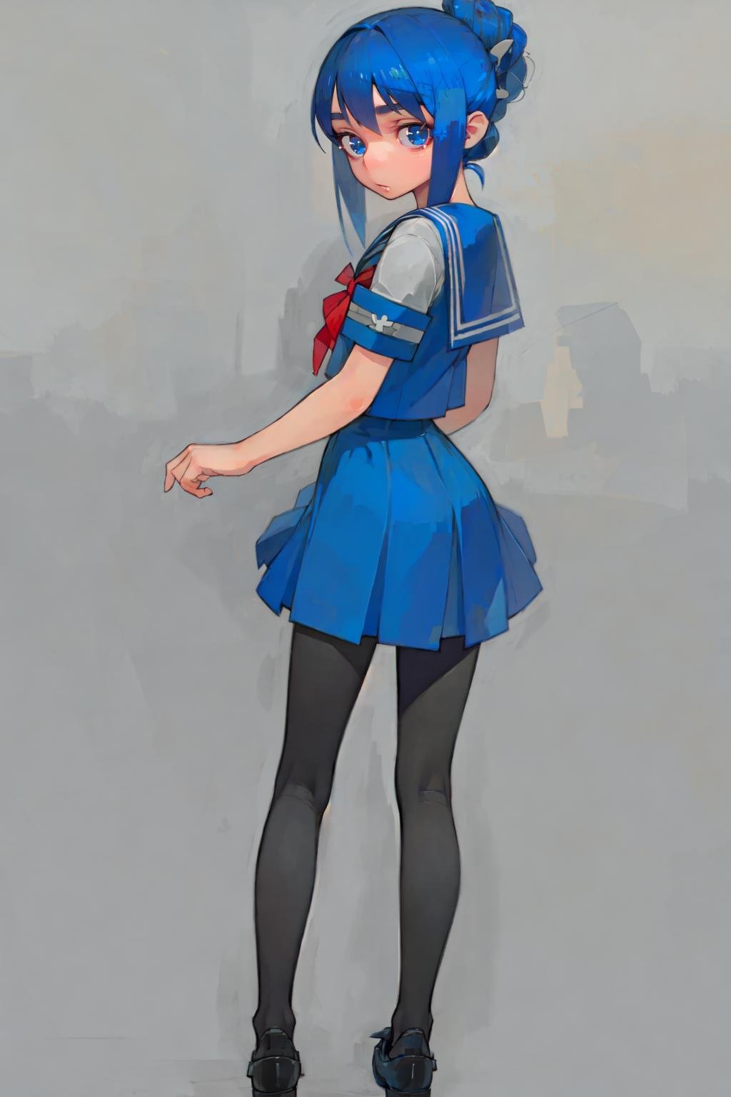 masterpiece,  AGGA_ST060,  1girl,  solo,  long hair,  looking at viewer,  blue eyes,  dress,  school uniform,  blue hair,  pantyhose,  serafuku,  looking back,  sailor collar,  black pantyhose,  half updo,  sailor dress,<lora:EMS-277417-EMS:0.700000>