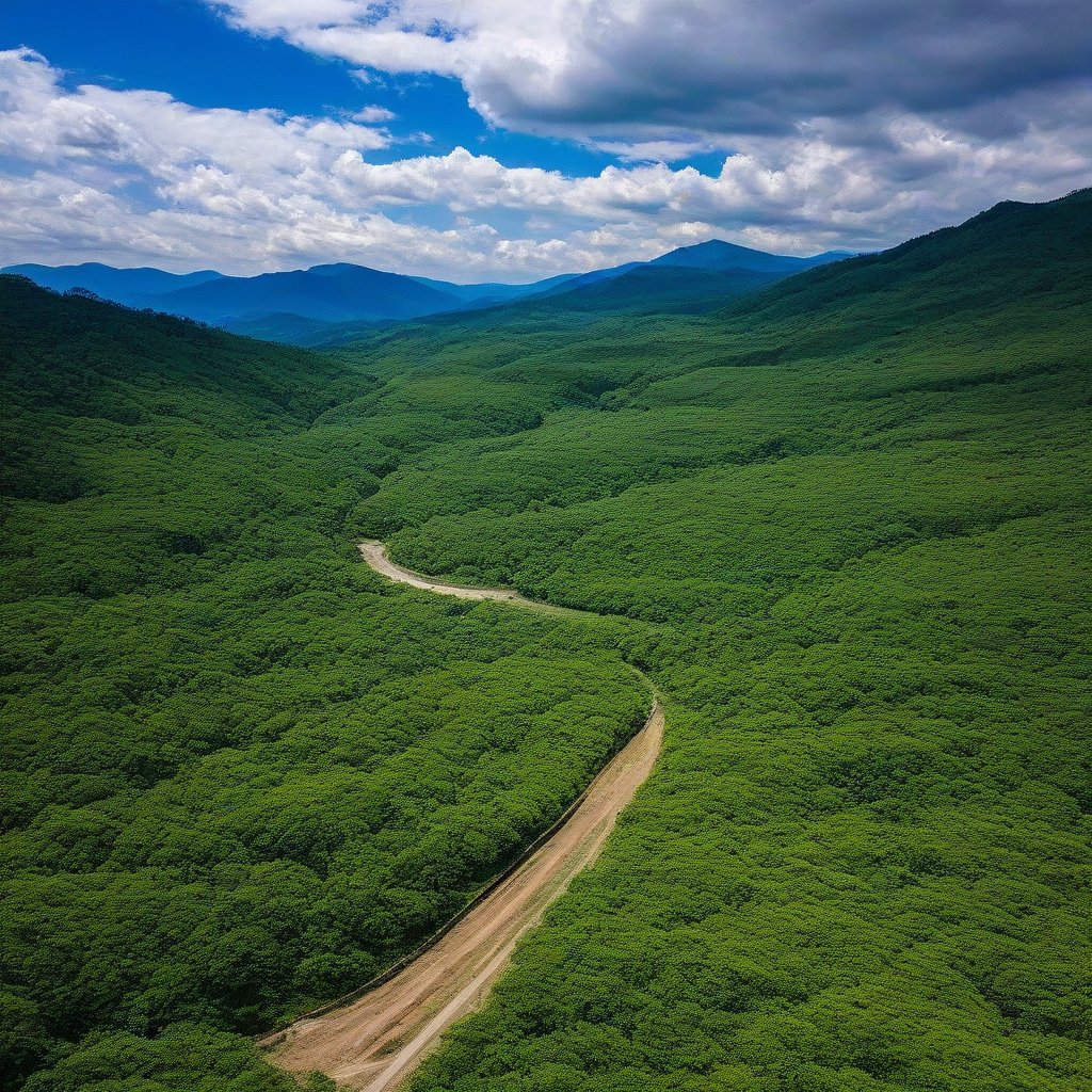 <lora:Aerial_photography:1>  masterpiece, bright colors, aerial photography, scenery, no humans, mountain, cloud, outdoors, landscape, nature, road, forest, sky, tree, day