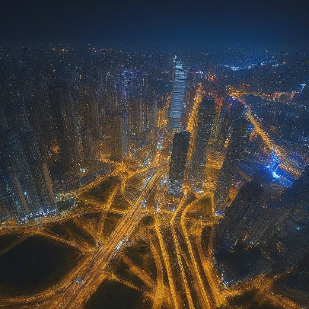 <lora:Aerial_photography:0.8>  masterpiece, bright colors, aerial photography, cityscape, city, city lights, scenery, no humans, building, road, night, skyscraper, ground vehicle