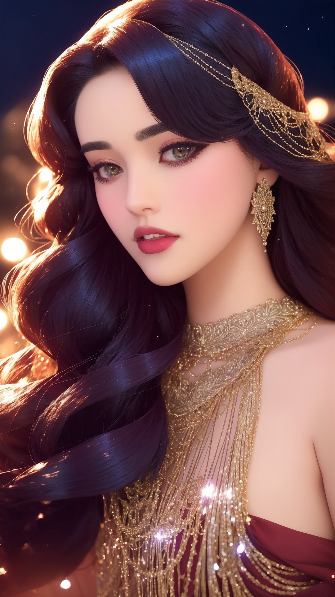 Beneath a velvet night sky, vintage guests in shimmering gowns waltz on a rooftop observatory. Holly wreaths adorn their hair, each berry twinkling like a distant star in the moonlight. Romantic, majestic, high resolution,ViNtAgE,photorealistic,Masterpiece,1 girl,Detailedface