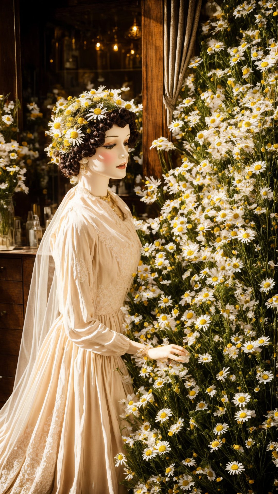 A vintage boutique hums with the gentle whirring of clockwork flowers. Mannequins in antique suits adorned with daisies stand frozen in time, each bloom a testament to timeless beauty. Whimsical, detailed, high resolution.ViNtAgE,photorealistic,Masterpiece