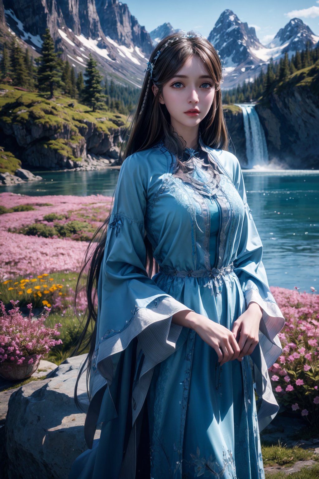 1girl,  solo,  looking at viewer,  absurdres,  extremely detailed CG,  unity 8k wallpaper,  best quality,  masterpiece,  cowboy shot, , flower field, majestic mountains,  pristine lakes,  cascading waterfalls,