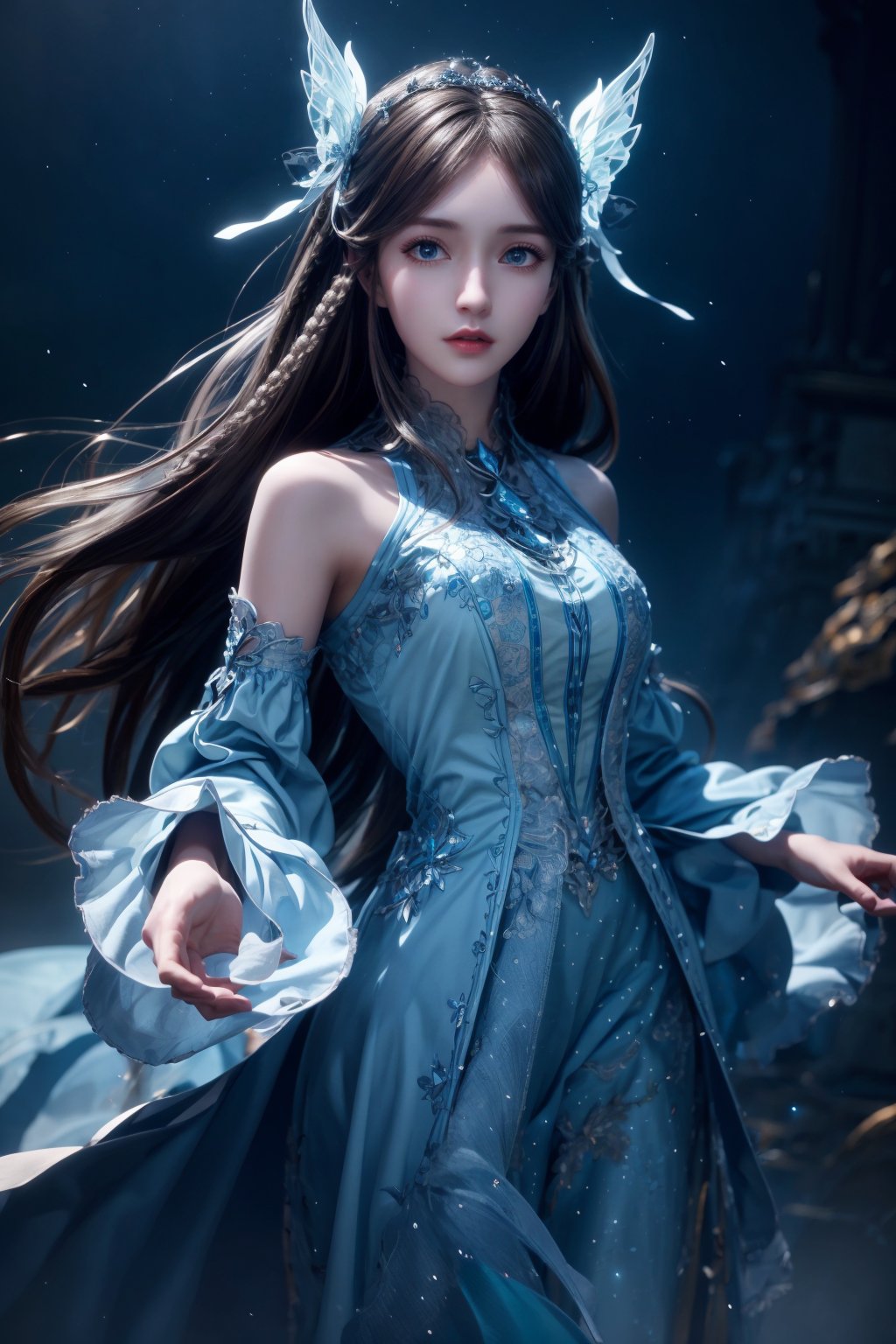 1girl, solo, looking at viewer, absurdres, extremely detailed CG, unity 8k wallpaper, best quality, masterpiece, cowboy shot,natural soft light, blue light, radiant glow, majestic tower, shimmering brilliance, ethereal beauty, captivating illumination, enchanting blue hue