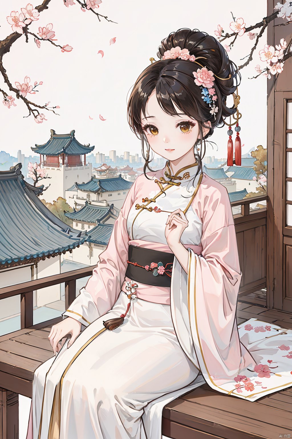  (Masterpiece), (Best Quality), 1girl,chibi,Black hair,Exquisite hair accessories,hanfukozue,chinese clothes,hanfu,imperial palace​,chinese room,Ancient Chinese architectural background,Short tabby catpeachblossom,pink, erciyuan girl