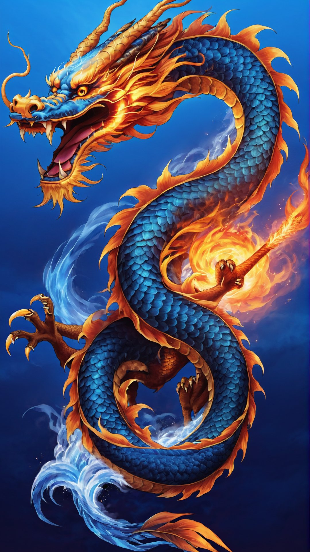 High Quality, Lossless, Clean, Raw, High Quality, Lossless, Clean, Raw, HD, Strange Dragón, 
Multires noise a dragon, flame, open mouth, chinese dragon, horns, teeth, no humans, fangs fire, sharp teeth, claws, dragon scales, eastern dragon, breathing fire ,Strange Dragón, blue flames, in sky, realistic 