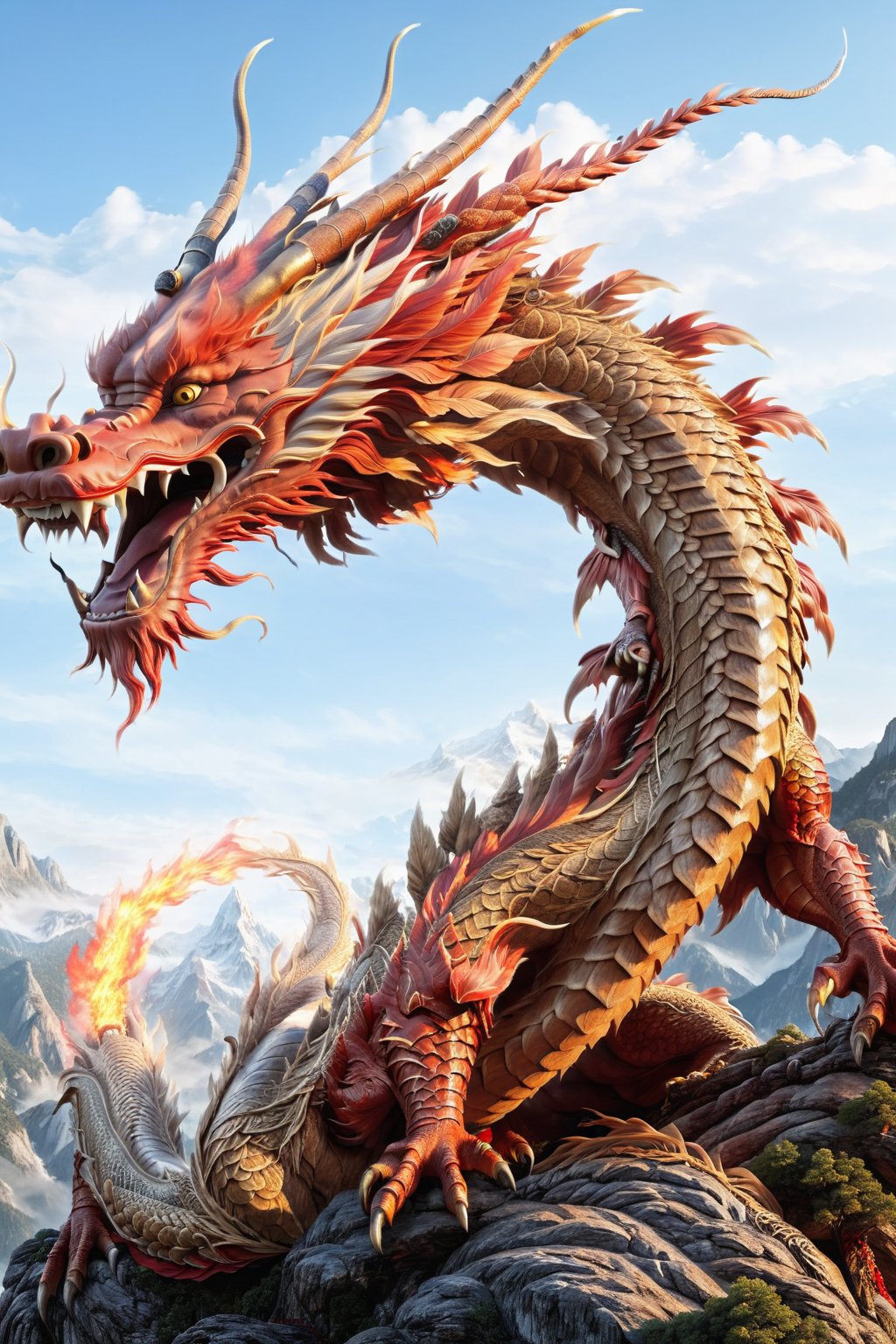 High Quality, Lossless, Clean, Raw, High Quality, Lossless, Clean, Raw, HD, Strange Dragón, 
Chinese dragon, dragon, red dragon, horns, teeth, realistic, 3D, dragón fire, Landscape, mountain, trees,more detail XL