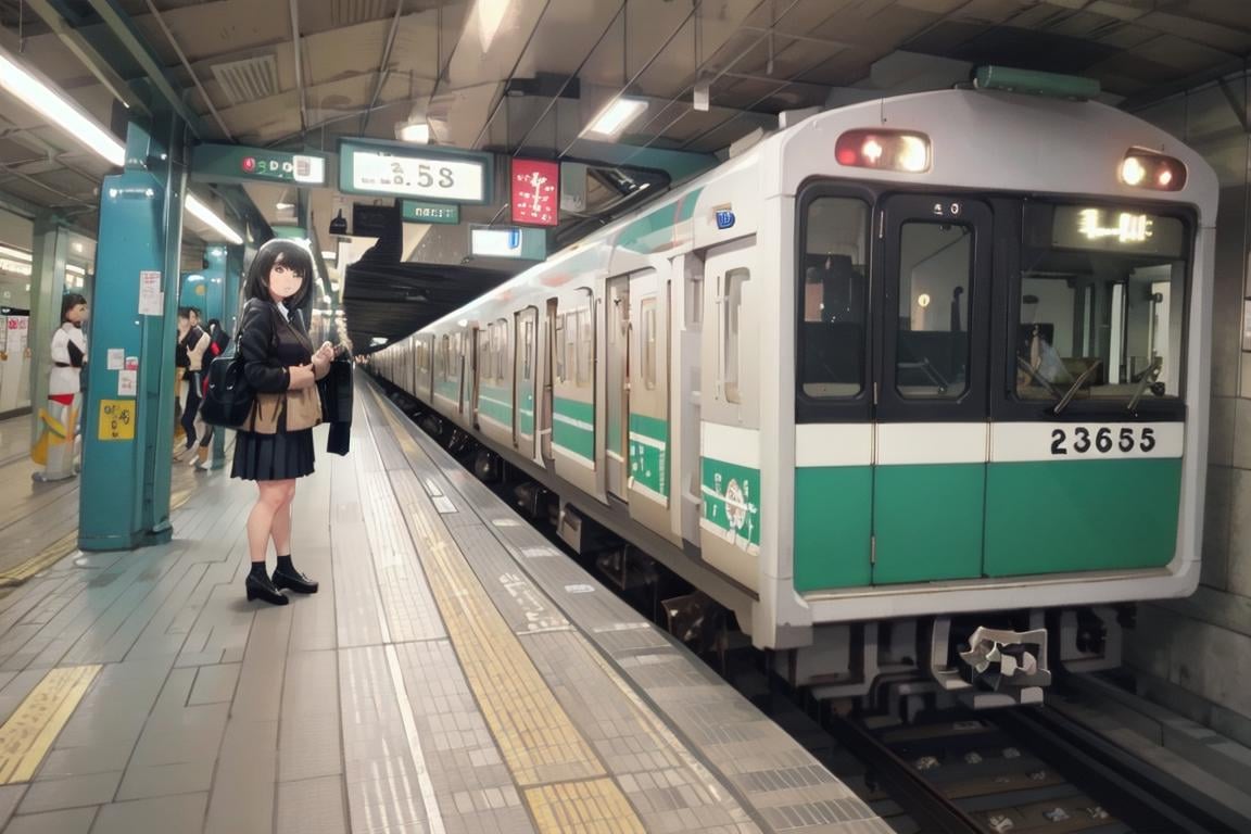 best quality, ultra-detailed, illustration,OsakaMetro20, subway station, train, train station, 1girl, solo, bag, skirt, black hair, standing, wide shot, railroad tracks, black footwear, tiles, ceiling, ceiling light <lora:OsakaMetro20_SD15_V1_DIM4:1>