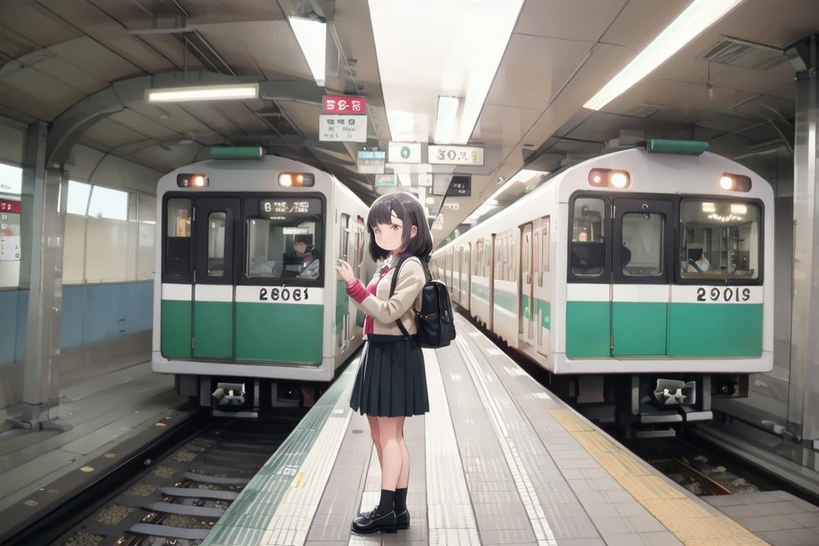 best quality, ultra-detailed, illustration,OsakaMetro20, subway station, train, train station, 1girl, solo, bag, skirt, black hair, standing, wide shot, railroad tracks, black footwear, tiles, ceiling, ceiling light <lora:OsakaMetro20_SD15_V1_DIM4:1>