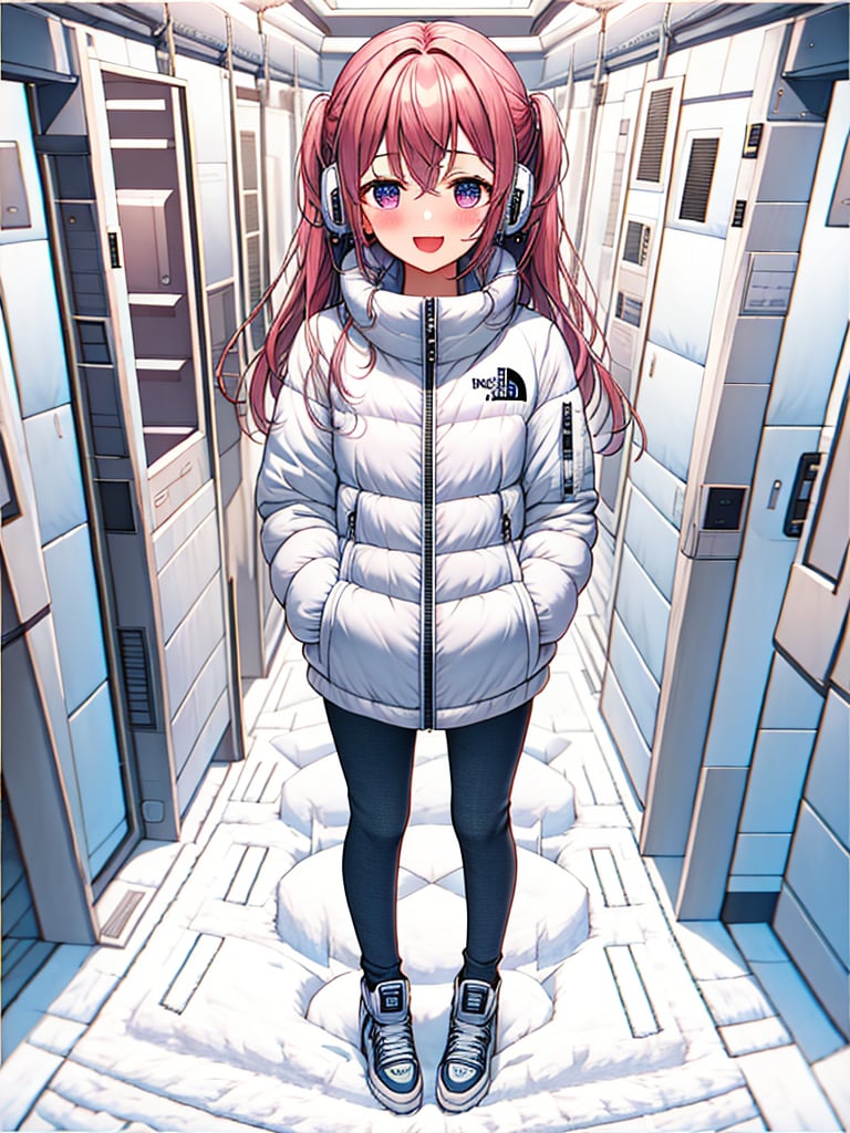 (masterpiece, best quality),fullbody shot
1girl,kawaii face, standing,she wear white down jacket, 
BREAK girl,smile, 15 yo, (loli:1.5), pink long hair, medium long hair, (straight hair:1.1), (braid:0.8), ultra detailed eyes,embarrassed,

BREAK (white space tightfit bodysuit):1.5,astronaut, headphone,
BREAK spacestation( space station hallway,
BREAK black down pants,BREAK,
snow park,bing_astronaut,Astrovest,BREAK blush:1.5,tnf_jacket