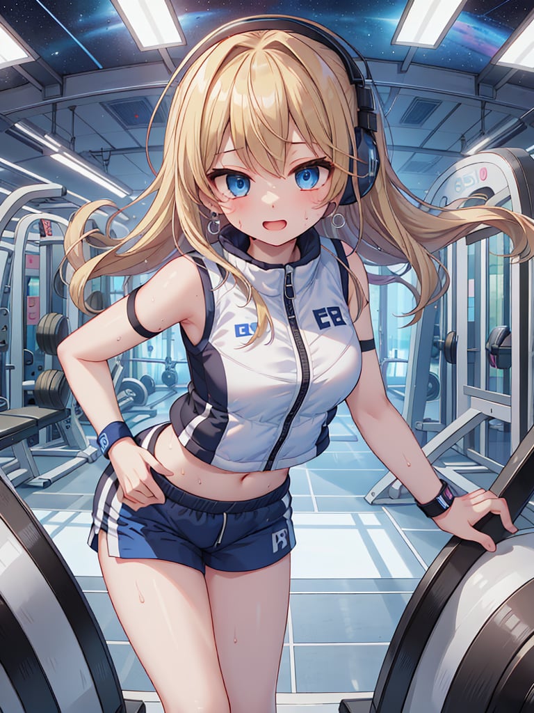 highest quality,best image quality,masterpiece,with a girl((18-year-old,sportswear,black sports bra,blue shorts,vest bust,bust 85,blonde,down vest,long hair,headphone,blue eyes,open your chest wide,valley,happiness,Black wristband on wrist,Slender,Leaning forward to your audience,earrings,The wind blows,sweating,Extend your right hand to the viewer))BREAK high quality,visual art,With background((Gym)),table top,space station