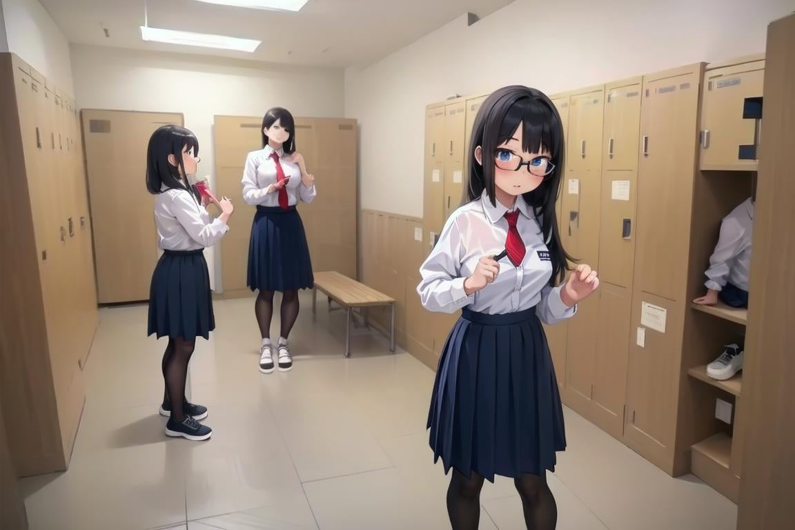 best quality, ultra-detailed, illustration,kouishitsu, locker room, locker, clock, scenery, door, bench, tiles, trash can, tile floor, indoors, locker, bench,multiple girls, glasses, black hair, long hair, standing, red necktie, pantyhose, white shirt, shoes, school uniform, blue skirt, collared shirt, undressing, half undress, bra,  <lora:kouishitsu_SD15_V1:1>