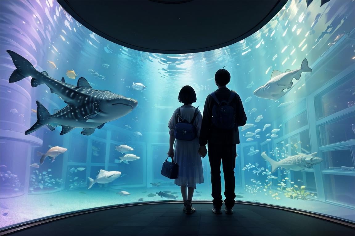 best quality, ultra-detailed, illustration,  kaiyuukan, aquarium, aquarium, blue theme, fish, silhouette, 1boy, short hair, 1girl, from behind, bag, standing, scenery, holding hands, whale shark, silhouette, <lora:kaiyuukan_SD15_V1:1>