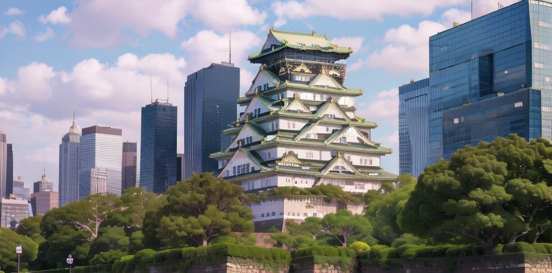 best quality, ultra-detailed, illustration,Osaka Castle, scenery, outdoors, building, sky, tree, day, blue sky, cityscape, real world location, city, road, skyscraper <lora:OsakaCastle_SD15_V1:1>