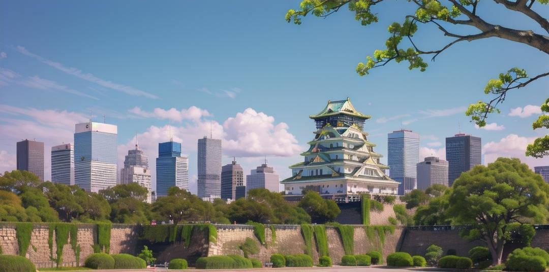 best quality, ultra-detailed, illustration,Osaka Castle, scenery, outdoors, building, sky, tree, day, blue sky, cityscape, real world location, city, road, skyscraper <lora:OsakaCastle_SD15_V1:1>