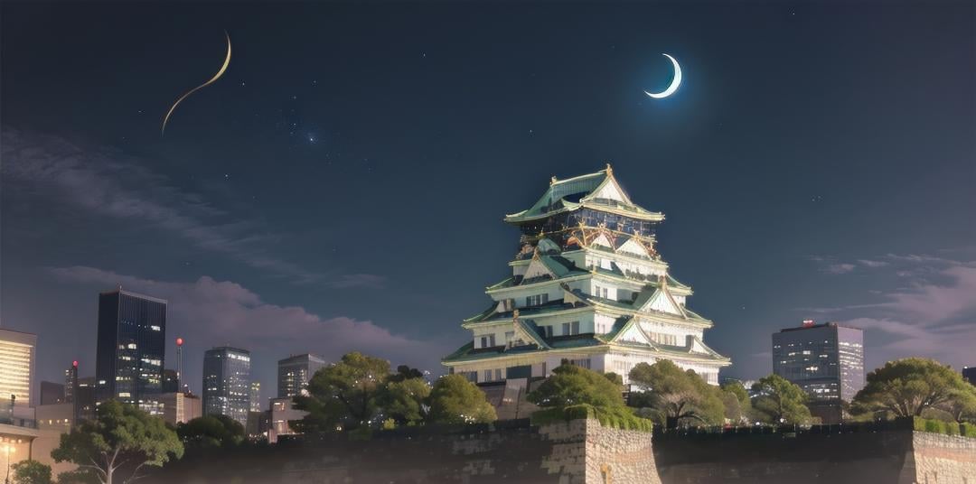 best quality, ultra-detailed, illustration,Osaka Castle, moon, scenery, night, architecture, sky, east asian architecture, crescent moon, outdoors, night sky, tree, building, cloud <lora:OsakaCastle_SD15_V1:1>