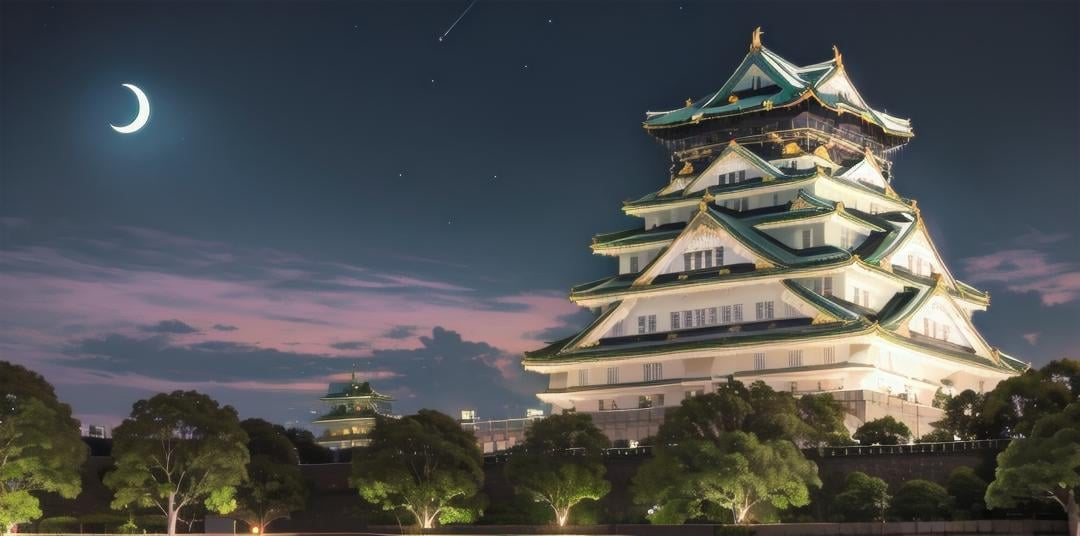 best quality, ultra-detailed, illustration,Osaka Castle, moon, scenery, night, architecture, sky, east asian architecture, crescent moon, outdoors, night sky, tree, building, cloud <lora:OsakaCastle_SD15_V1:1>