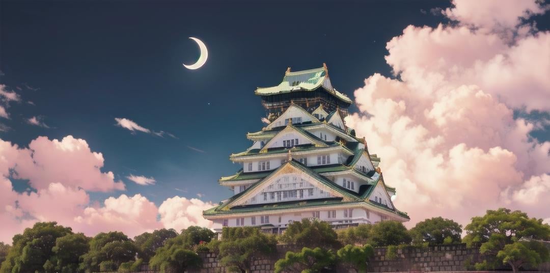best quality, ultra-detailed, illustration,Osaka Castle, moon, scenery, night, architecture, sky, east asian architecture, crescent moon, outdoors, night sky, tree, building, cloud <lora:OsakaCastle_SD15_V1:1>