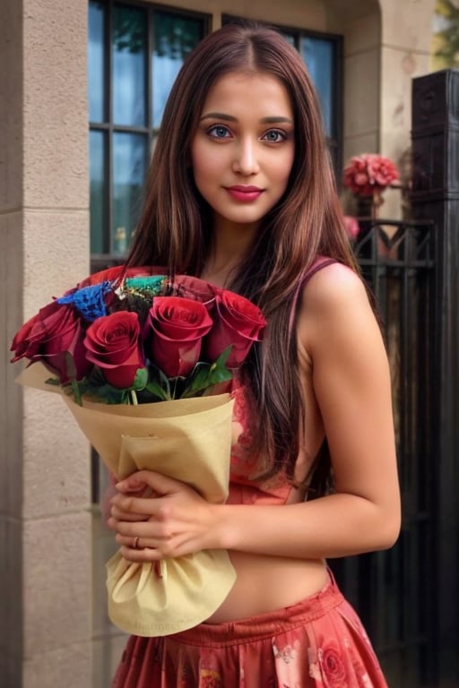 1girl, solo, long hair, looking at viewer, black eyes, brown hair, flower, multicolored hair, english text, rose, red flower, red rose, bouquet,Nikita,Sili,Masterpiece,Chavi