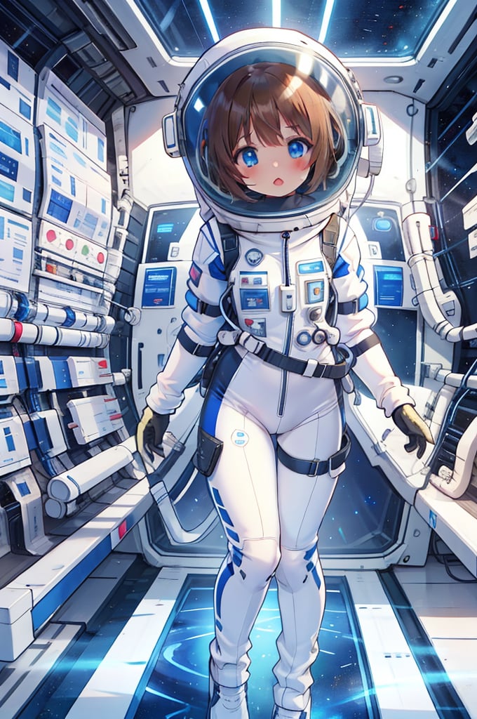 Extreme detail,masterpiece,anime illustration ,1girl,  short hair, bangs, large_eyes, blue_eyes,  (space helmet):4,(clear_helmet):3, neck seal,white space suit,  gloves, thigh_straps, looking_at_viewer, lomg pants,surprised_expression,headphone,light brown hair,short hair,blue eyes,blush,bing_wetsuit,astrovest,astrogirl,