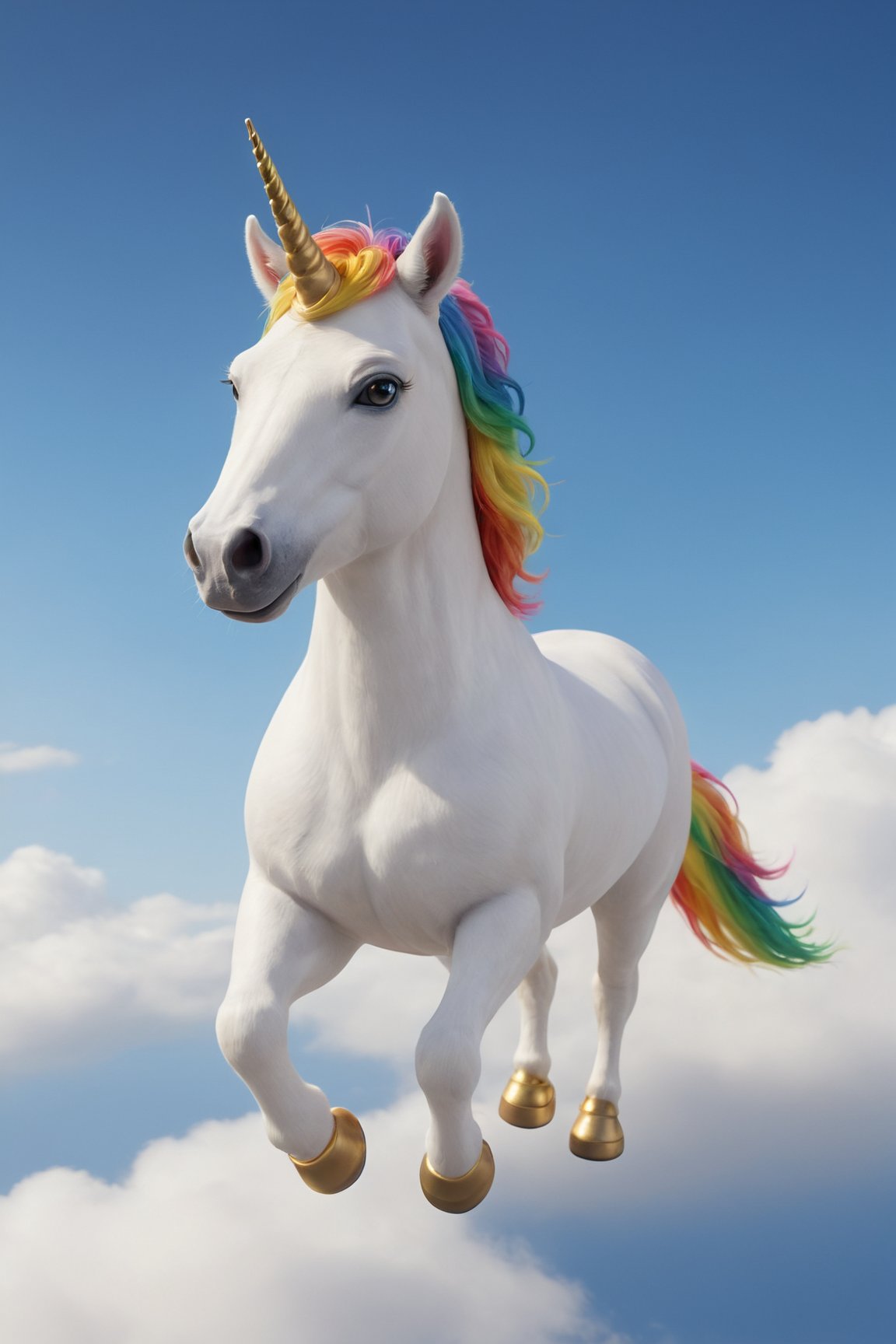 {ultra Detailed}, A claymation unicorn flying across clouds and a single rainbow. The Unicorn should be Pastel colored in fine fur, ultra detailed, golden hoofs, vibrant blue eyes and a single horn. The clouds should be fluffy and detailed mimicking a heavenly environment, light mist, with a single rainbow. Super sharp, super detailed, best quality,Extremely Realistic
