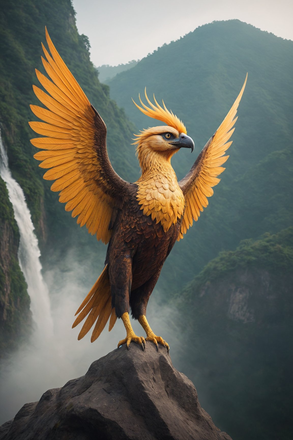 photography of a giant Garuda bird standing on a stone ball similar to a globe showing a map of Indonesia, golden white Garuda wings, lightning and lightning effects, golden eyes, fog, background of waterfalls and rivers from the mountains, facial patterns, tattoos, fire, sunlight, Sanskrit, Makeup, More Detail,open mouth,Very Realistic,looking at the viewer,framing ((knee level angle,frontal)) colored neon
