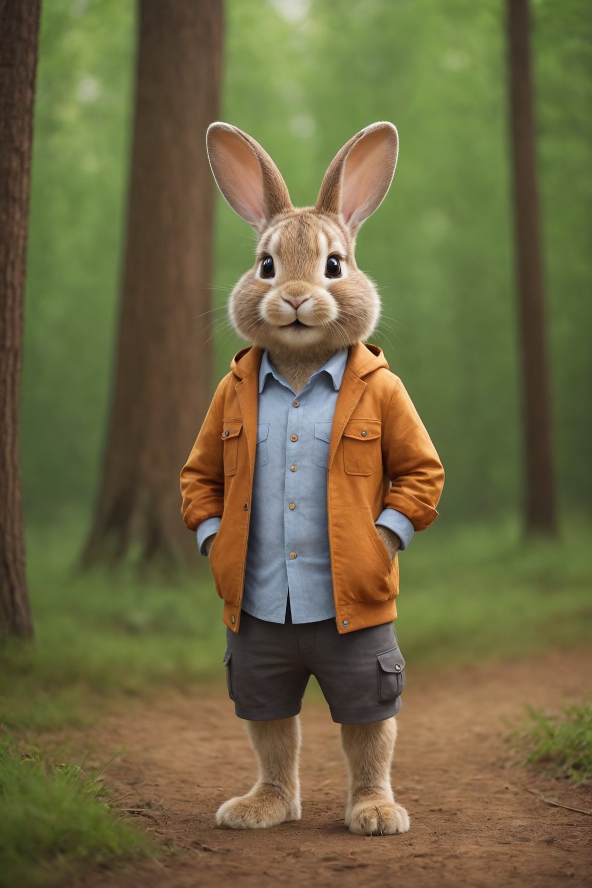 a cute bunny,Wear travel attire,Parchment in hand,Walk in the forest
