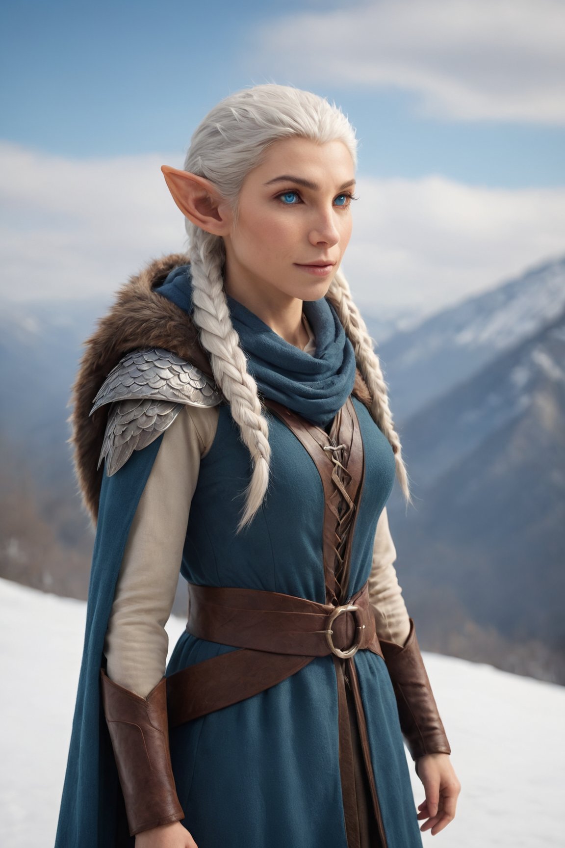 Extreme detailed,ultra Realistic, beautiful young ELF lady,platinum silver shining hair, long elvish braid, side braid, blue-grey eyes,elf ears,(carries a beautiful hawk on arm:1.2), Wearing leather tunic, hooded cloak, animal fur hood, intricate clothing, animal fur clothing, dark clothing, waistband, scarf, soft smile, bending posture, looking into the distance, snowy mountain scenery, overlooking valley, river, white clouds, seen from behind,ol1v1adunne
