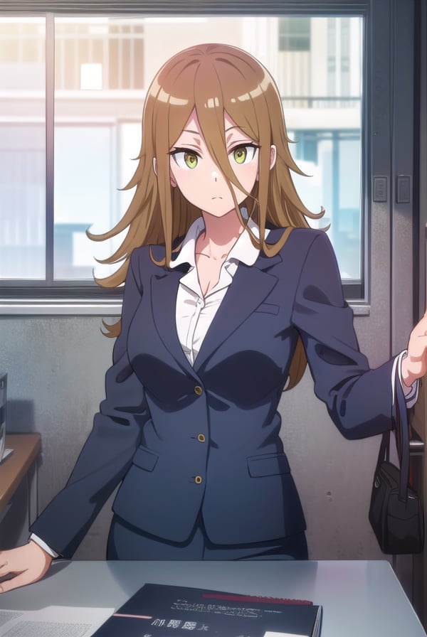 rumikaaina, <lora:rumika aina s1-lora-nochekaiser:1>,rumika aina, long hair, brown hair, hair between eyes, (green eyes:1.3),BREAK skirt, shirt, jacket, formal, suit, office lady, skirt suit,BREAK indoors, classroom,BREAK looking at viewer,BREAK <lyco:GoodHands-beta2:1>, (masterpiece:1.2), best quality, high resolution, unity 8k wallpaper, (illustration:0.8), (beautiful detailed eyes:1.6), extremely detailed face, perfect lighting, extremely detailed CG, (perfect hands, perfect anatomy), 