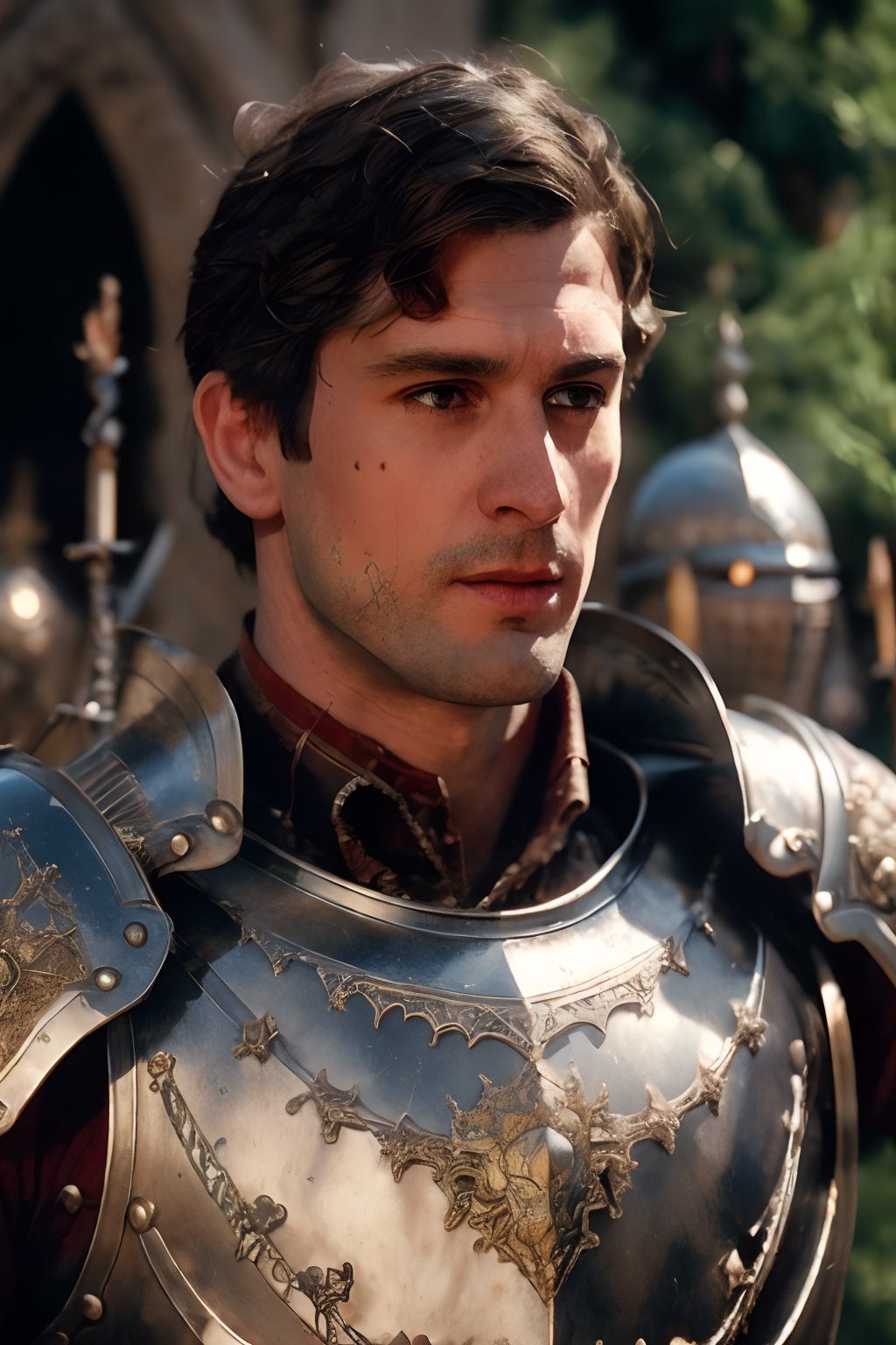 ((white knight)), a handsome man in a High Gothic silver metal plate armor in a beautiful ornemental, ((True Silver)), (((marlon teixera))), short black hair with bangs, outdoors (in a grassland filled with roses and ruins), ethereal, white aura, shiny, youthful, pale skin, thick eyebrows, soft, mythology, medieval, fantasy, young, alpha male, hot, masculine, manly, dark fantasy, 80s fantasy, high fantasy, white armor, defined jawline, crooked nose, hot, , medieval armor, art by wlop, handsome male, facing in front (portrait close-up), renaissance painting, realistic, photorealistic, 8k, white cinematic lighting, hades armor, very dramatic, European man, soft aesthetic, innocent, art by john singer sargent, greg rutkowski, handsome Italian,medieval armor