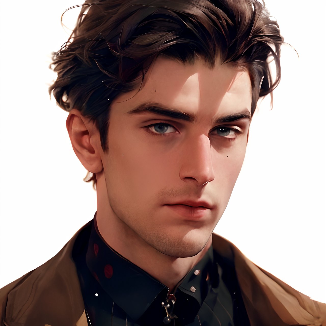 a handsome man, thick eyebrows, looking at the viewer, white background, realistic, photorealistic, 8k, cinematic lighting, very dramatic, European man, soft aesthetic, innocent, art by john singer sargent, handsome Italian