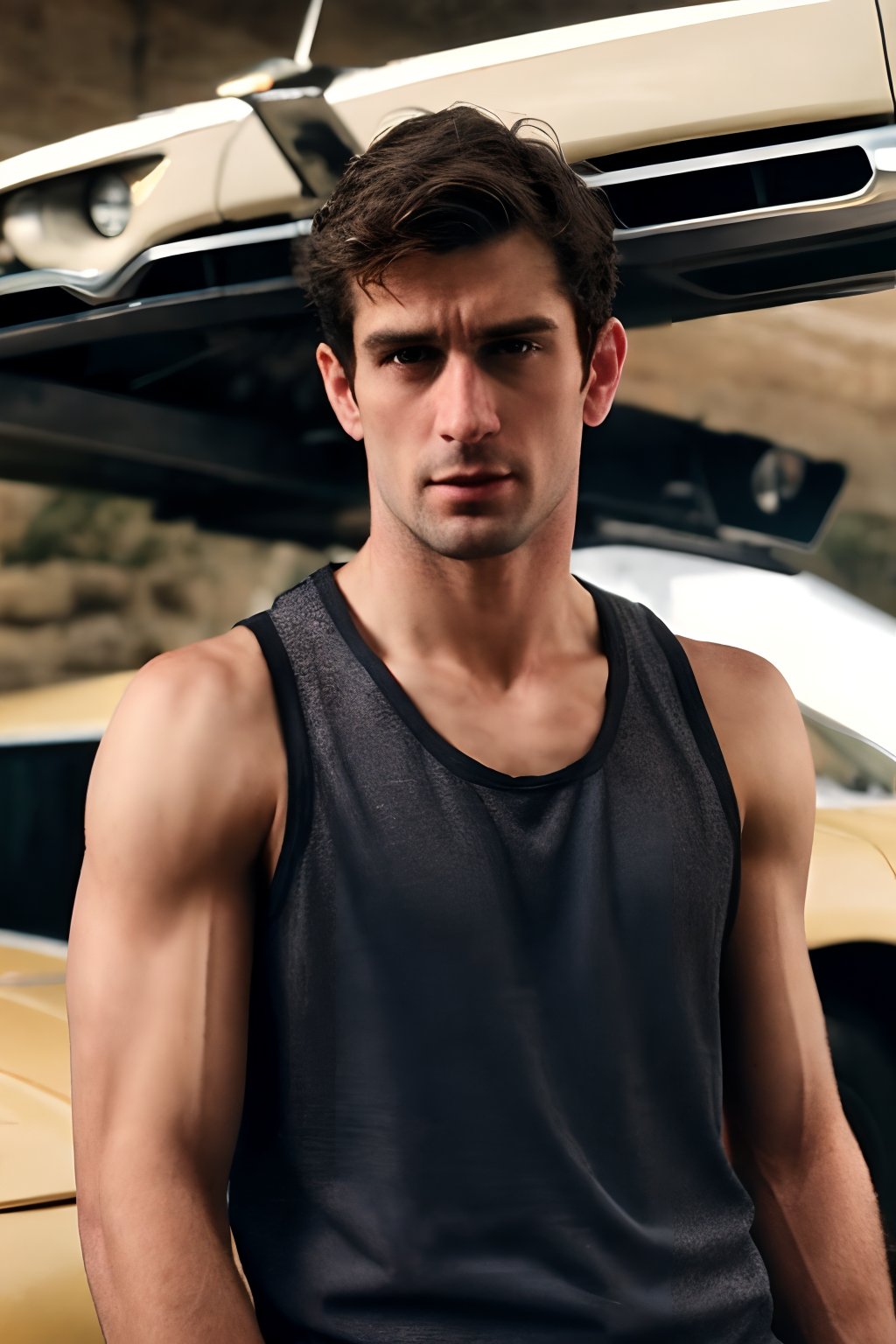 a handsome man, wearing tank top, car mechanic, realistic, photorealistic, 8k, cinematic lighting, very dramatic, European man, soft aesthetic, innocent, art by john singer sargent, handsome Italian