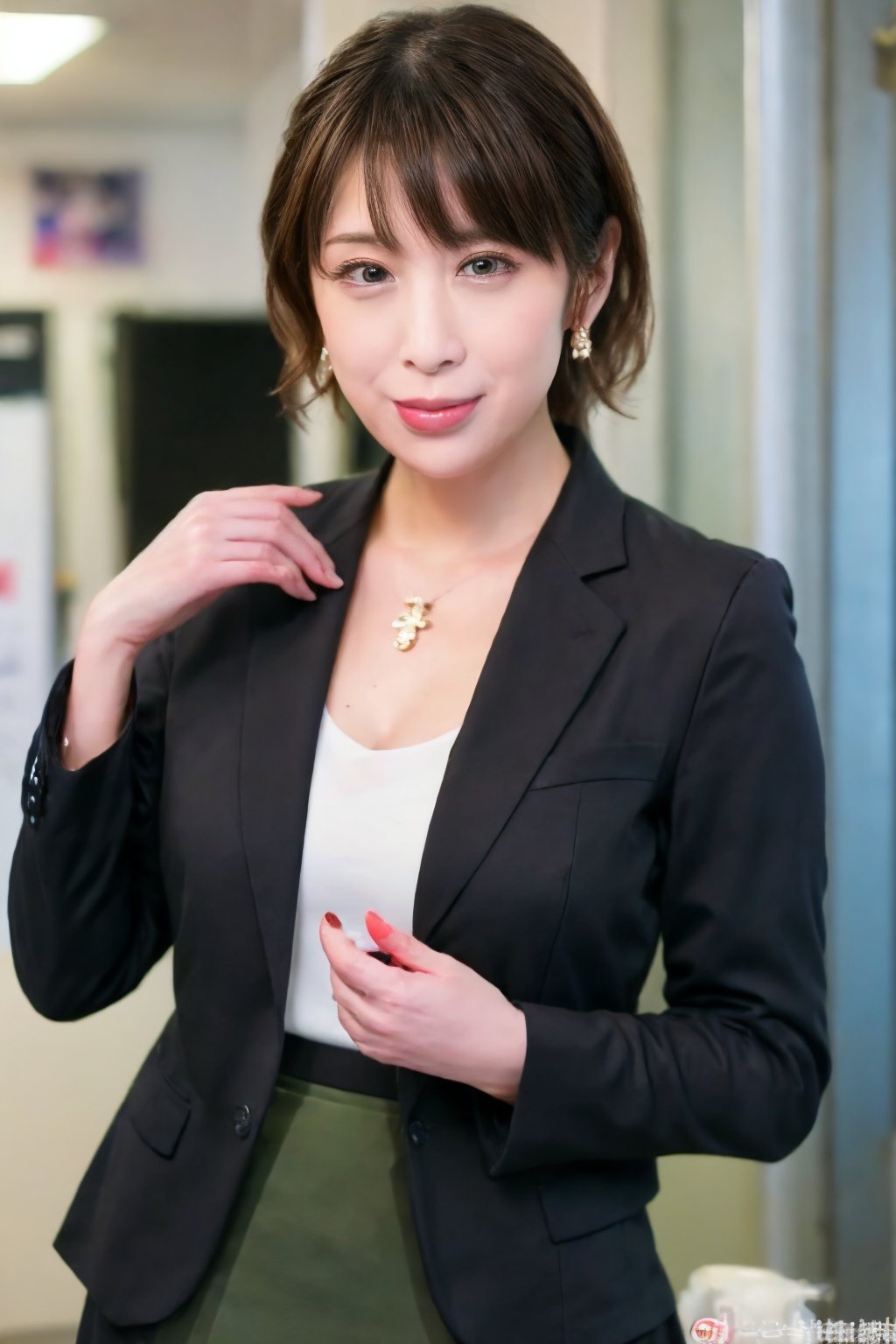 upper body, (plump:1.2), smile, 1 Japan Woman,  A MILF,  40 years old, Seductive smile、naughty expression、 (8K,  (Raw photo:1.2),  (Photorealistic:1.3),  Realistic,  Photorealistic,  Best Quality,  absurderes, depth of fields,  超A high resolution,  masutepiece,  chromatic abberation:1.1)),  (Looking at Viewer:1.21),  (1milf in,  Office Lady:1.331), (toppless),  ((OL business blazer_Tight skirt:1.5)), (Breast Focus:1.1),  Necklace,  earrings,  Long sleeves,  thighs thighs thighs thighs,  Short skirt,  Lace dress,  pencil skirts,  high-heels,  in a office,  Indoors,  folder,  a computer, wakudamayuko, hinagataakiko,<lora:EMS-179-EMS:0.400000>,<lora:EMS-278443-EMS:0.800000>