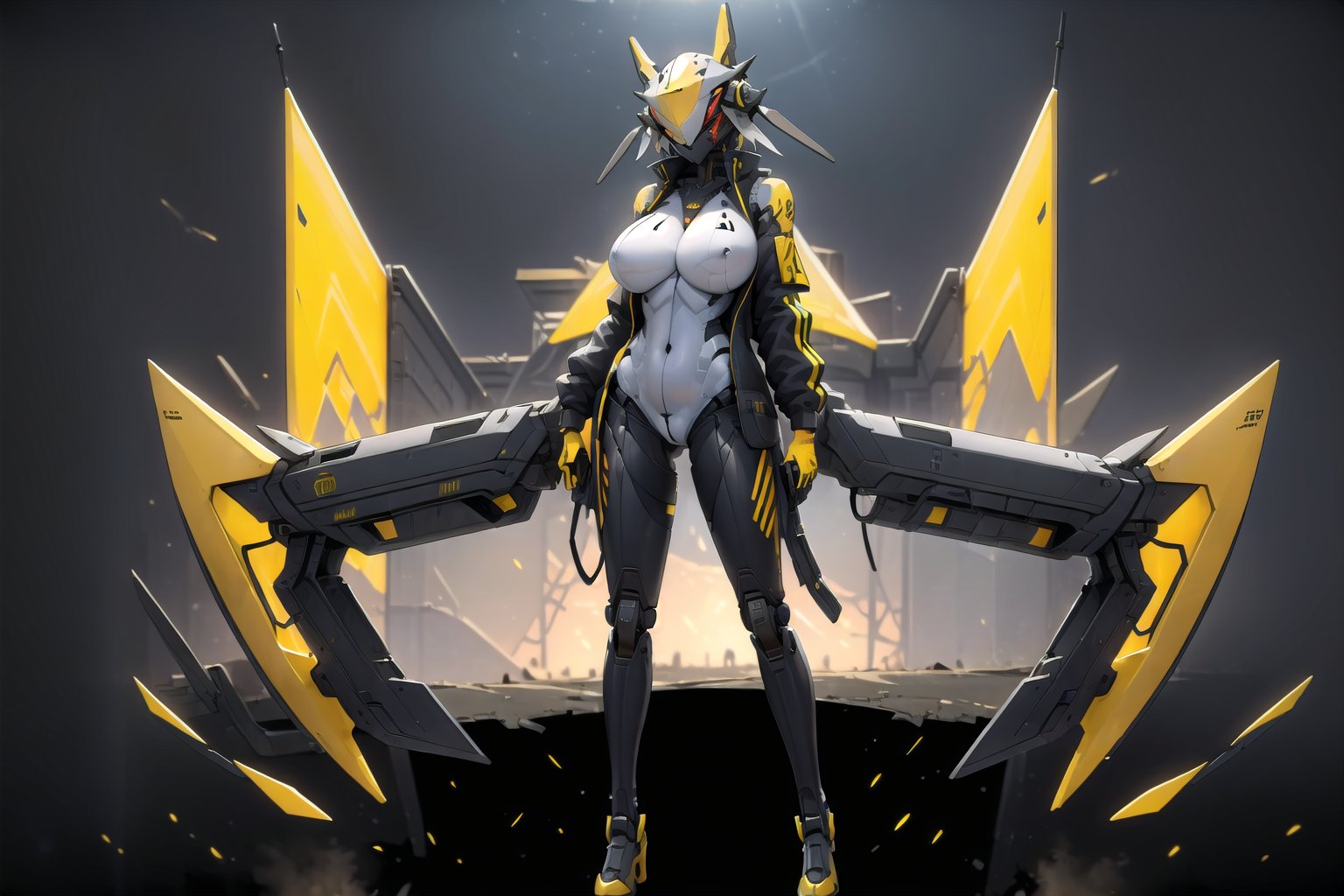 masterpiece, best quality, @Antihuman, (best quality, masterpiece), (1girl, solo, mini black jacket standing, yellow eyes, leaning, full body), yellow graffiti behind, disorderly spray cans) , solo, breasts, large_breasts, wereanimal helmet, science_fiction, mecha_musume, animal Head, Devil, Armor, Cyborg , bird mecha helmet armor, random_wear, bodysuit, weapon, devilhead, grey_skin, science_fiction, mecha_musume, Head Devil, Head Armor, dog Head Cyborg, Humanoid, white bodysuit, no_human, robot head, mask, no eye, (fisheye distortion:0.5), extreme long shot,