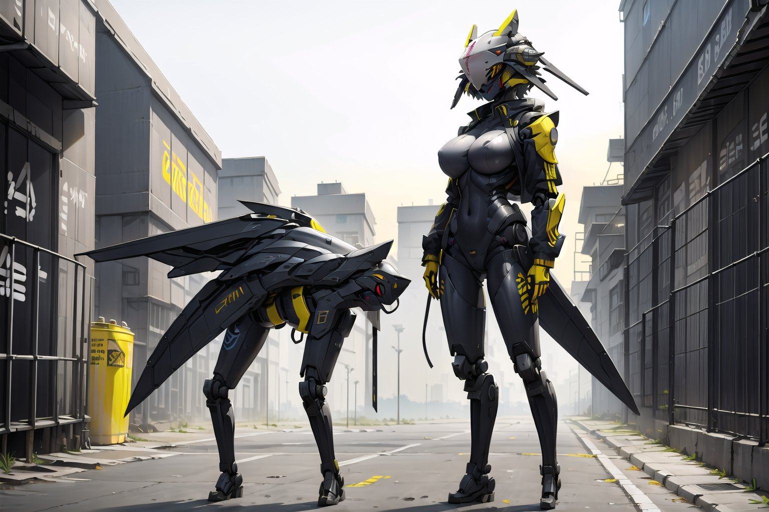 masterpiece, best quality, @Antihuman, (best quality, masterpiece), (1girl, solo, mini black jacket standing, yellow eyes, leaning, full body), yellow graffiti behind, disorderly spray cans) , solo, breasts, large_breasts, wereanimal helmet, science_fiction, mecha_musume, animal Head, Devil, Armor, Cyborg , bird mecha helmet armor, random_wear, bodysuit, weapon, devilhead, grey_skin, science_fiction, mecha_musume, Head Devil, Head Armor, dog Head Cyborg, Humanoid, white bodysuit, no_human, robot head, mask, no eye, (fisheye distortion:0.5), extreme long shot,