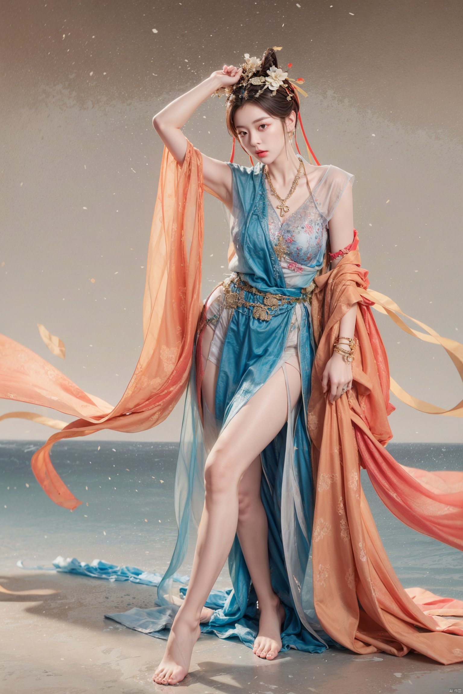  masterpiece, best quality, realistic, Highly detailed, simple background,yue,1girl, solo, hair ornament, dress, jewelry, necklace, hair bun, bracelet, hanfu,leg up,arm up,bare_foot,