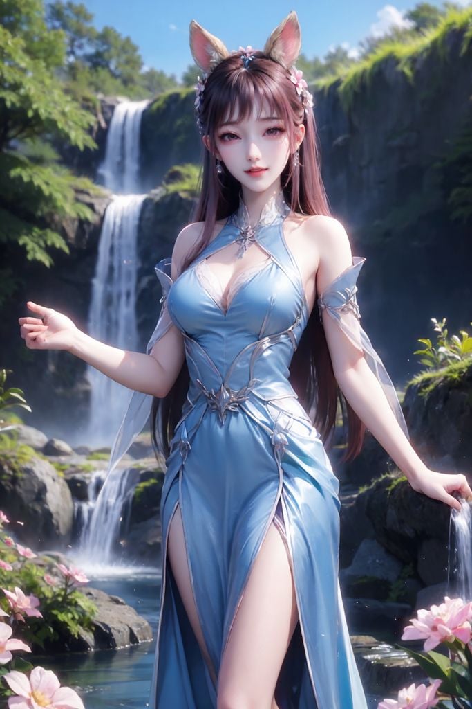 1girl,pink hair,animal ears,waterfall,water,brown hair,blue gorgeous dress,flower,smile,solo,<lora:FaceSizeAdjuster:-1.8>,