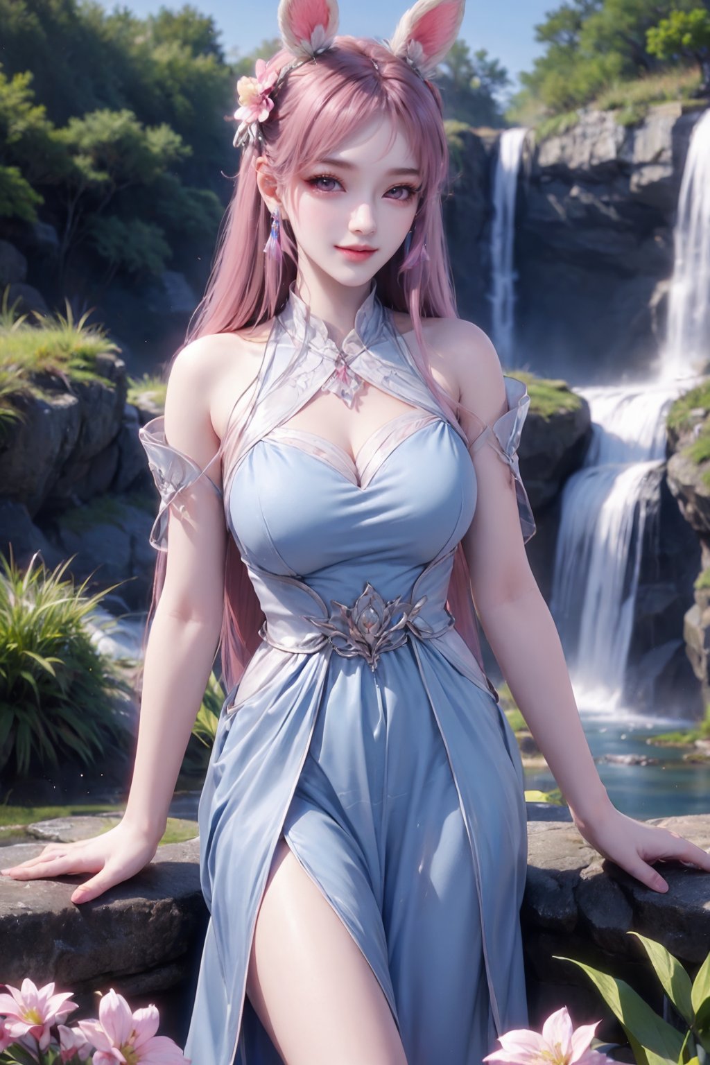 1girl,pink hair,animal ears,waterfall,water,brown hair,blue gorgeous dress,flower,smile,solo,<lora:FaceSizeAdjuster:-1.5>,