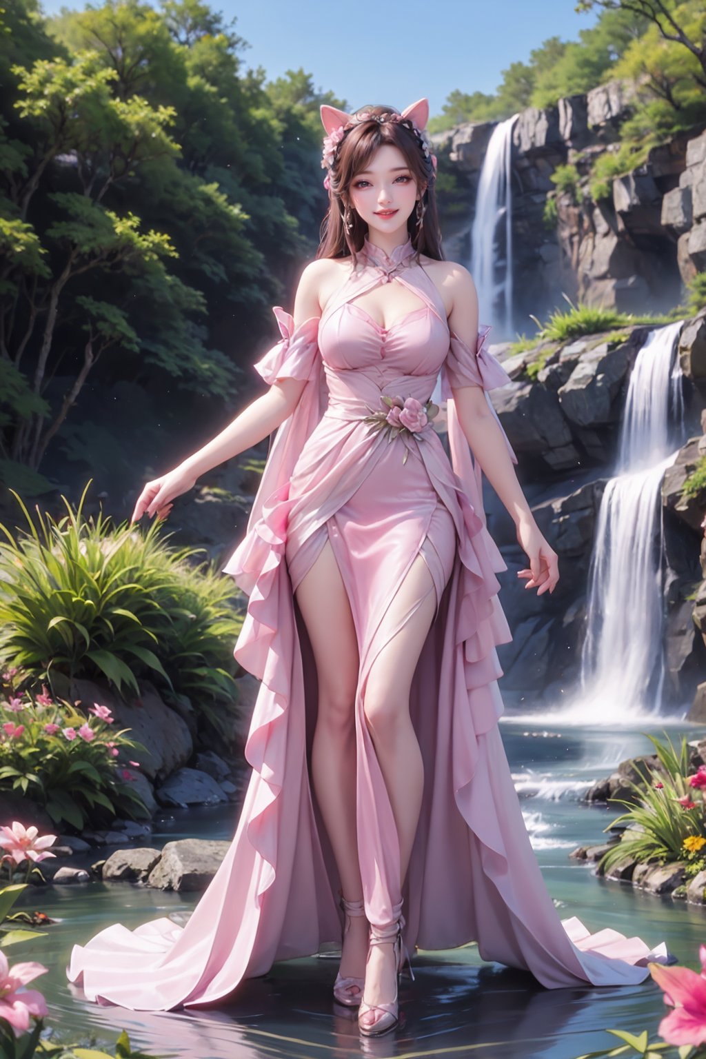 1girl,pink hair,animal ears,waterfall,water,brown hair,blue gorgeous dress,flower,smile,solo,full body,