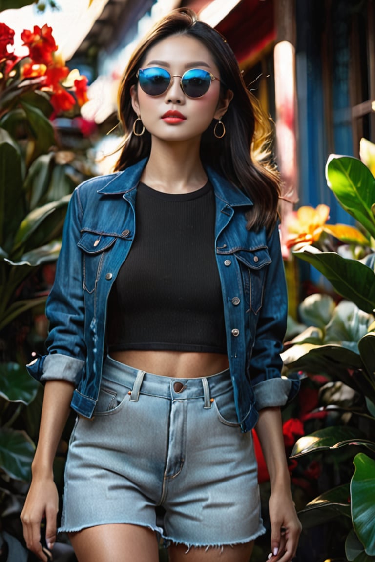 Beautiful young Vietnamese ,her beauty vietnamese face, posing in Beverly Hills, wearing Casual denim outfit. Sunglasses, (Bright day background), (dynamic pose, random pose, modeling:1.4), vivid colors, natural lighting, beautiful lighting, dramatic lighting, by artgerm, by Liang Xing, by WLOP, immersive atmosphere, (chiaroscuro:0.2) volumetric lighting, 8k resolution trending on Artstation Unreal Engine 5, chiaroscuro, bioluminescence,Extremely Realistic