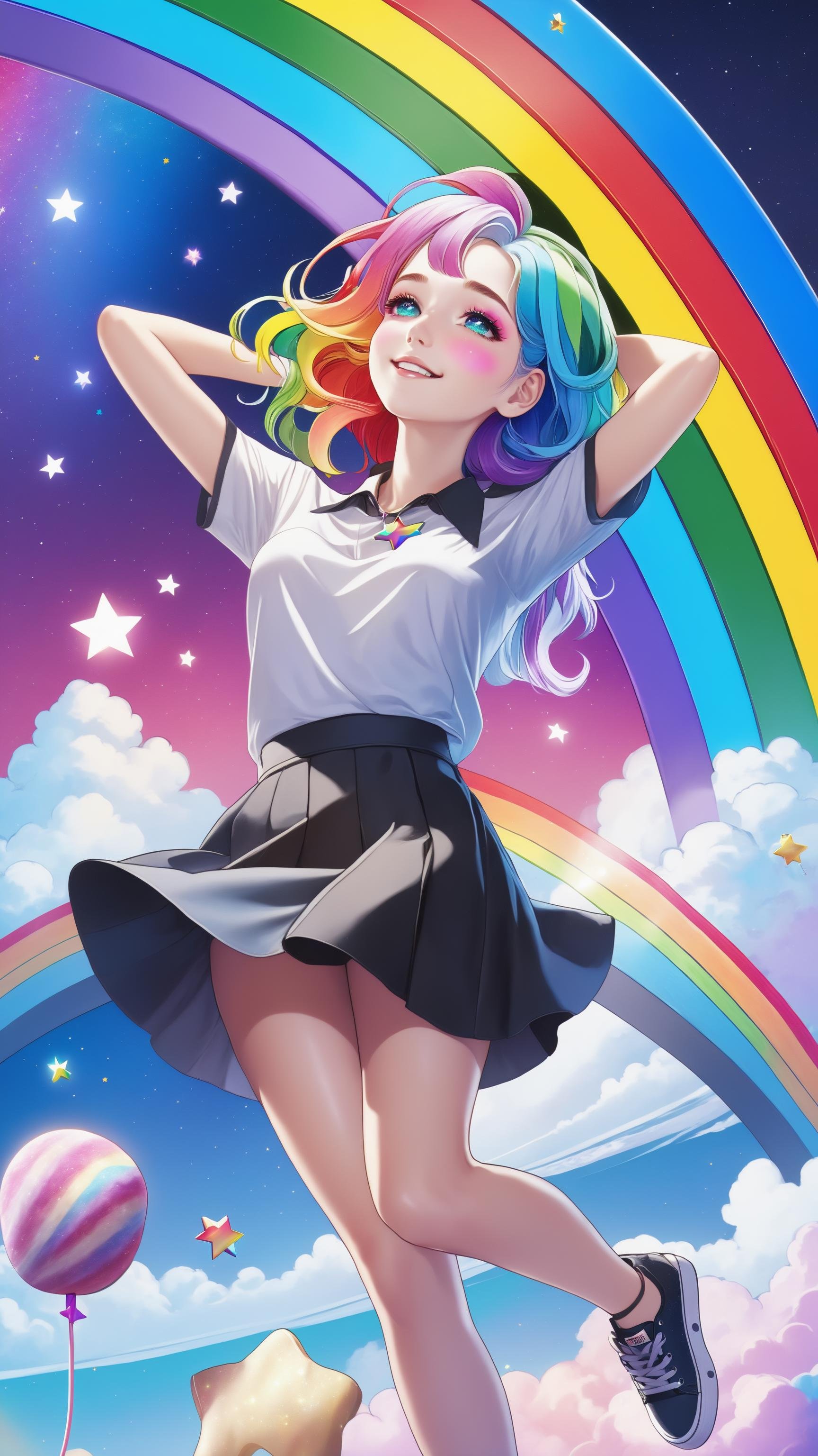 (masterpiece:0.9), best quality, illustration, 1girl, white hair, short skirt, shirt, shoes, heartbroken necklace, barrette, black hole in the background, stars, space, lying down, best quality, high resolution, extremely detailed, detailed background, perfect lighting, (colorful, vivid color:1.3), 1girl, rainbow hair, cotton candy cloud, sky, smile, dynamic pose, (rainbow skin:1.6), beautiful pose