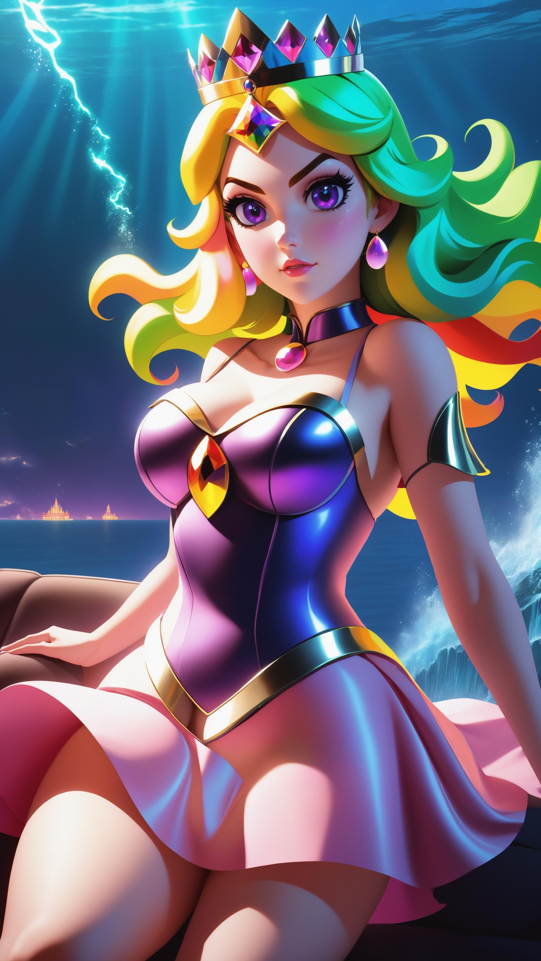 (perfect female form, perfect face, beautiful eyes, eyeliner, expressive eyes), (long hair, hair in the wind), cute, adorable, (huge natural breasts, narrow waists), (armored knight:1.4), wearing a cape, a photo of a sea witch, green short hair, evil, villain, she's coming for you, up close, dark ocean, (under water:1.1), lightning, glowing eyes, wearing a dress made out Seaweed, tentacles, octopus, (up close:1.3), (geometric:1.2), (futurism), impressionist, detailed, 1girl, majestic, breathtaking, (suggestive:1.1), rainbow particles, (cute:1.4), enticing, (irresistible:1.5), disturbing, (fascinating:1.3), (magnetic:1.2), (violet), (tangerine), pink, (Princess Peach), (sweatpants:1.2), spread legs, baggy tshirt, belly, (big belly:0.9), choker, purple choker, Princess Peach, sitting on couch, sexy body, wearing princess peach crown, wrappers, cinematic lighting, rainbow skin, perfect skin, frown, frizzy, (princess peach render:1.3), (chubby body:1.2), glowing neon lines, smug face