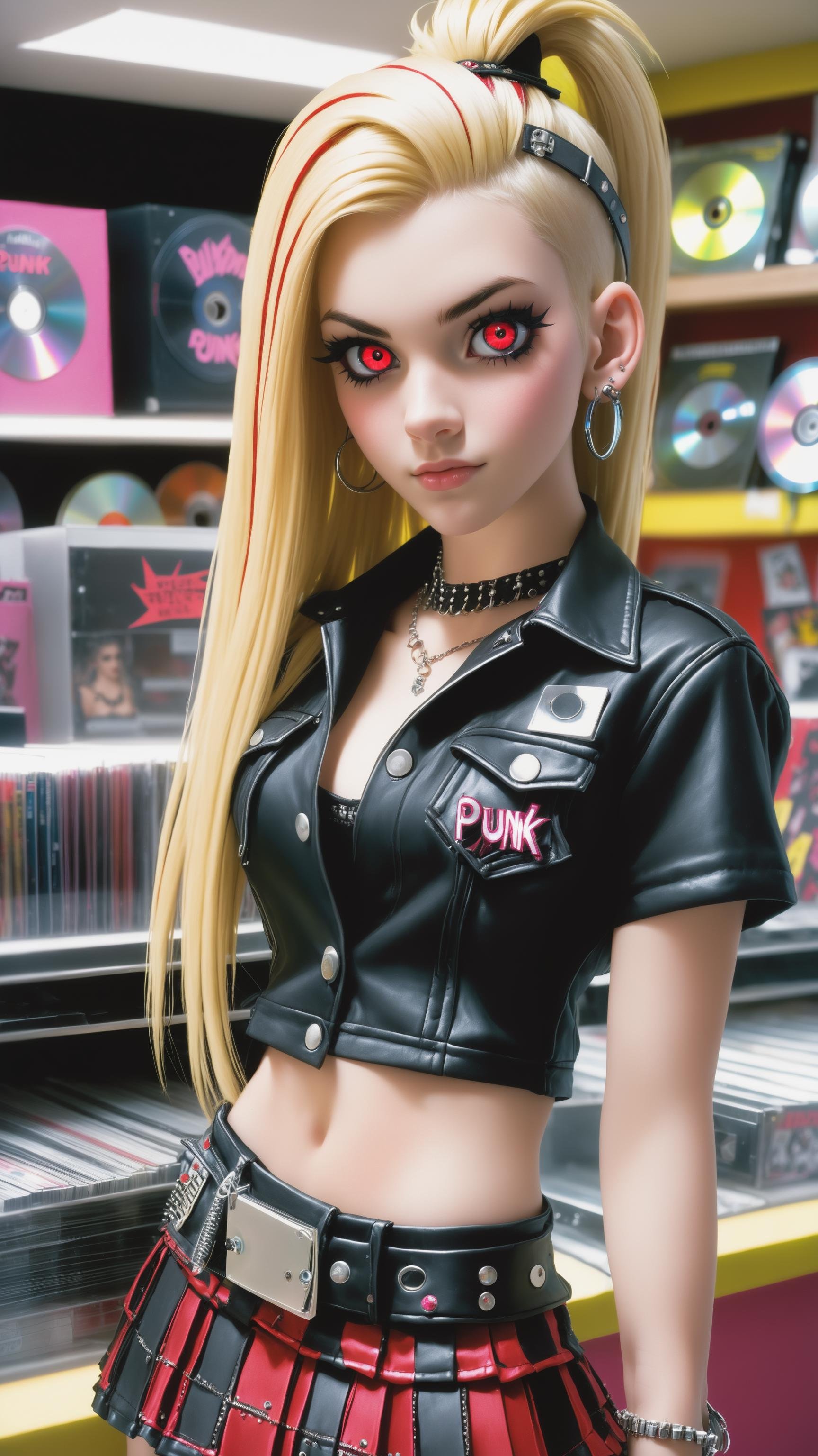 18 y.o. cute punk shop salesman behind the counter wearing punk clothes, long blonde hair, skirt, red glowing eyes, punk, music shop, (stuffed cd:1.4), (stuffed punk things), musical instruments, hires, masterpiece, best quality, detailed, extremely detailed, punk girl, glowing blonde hair