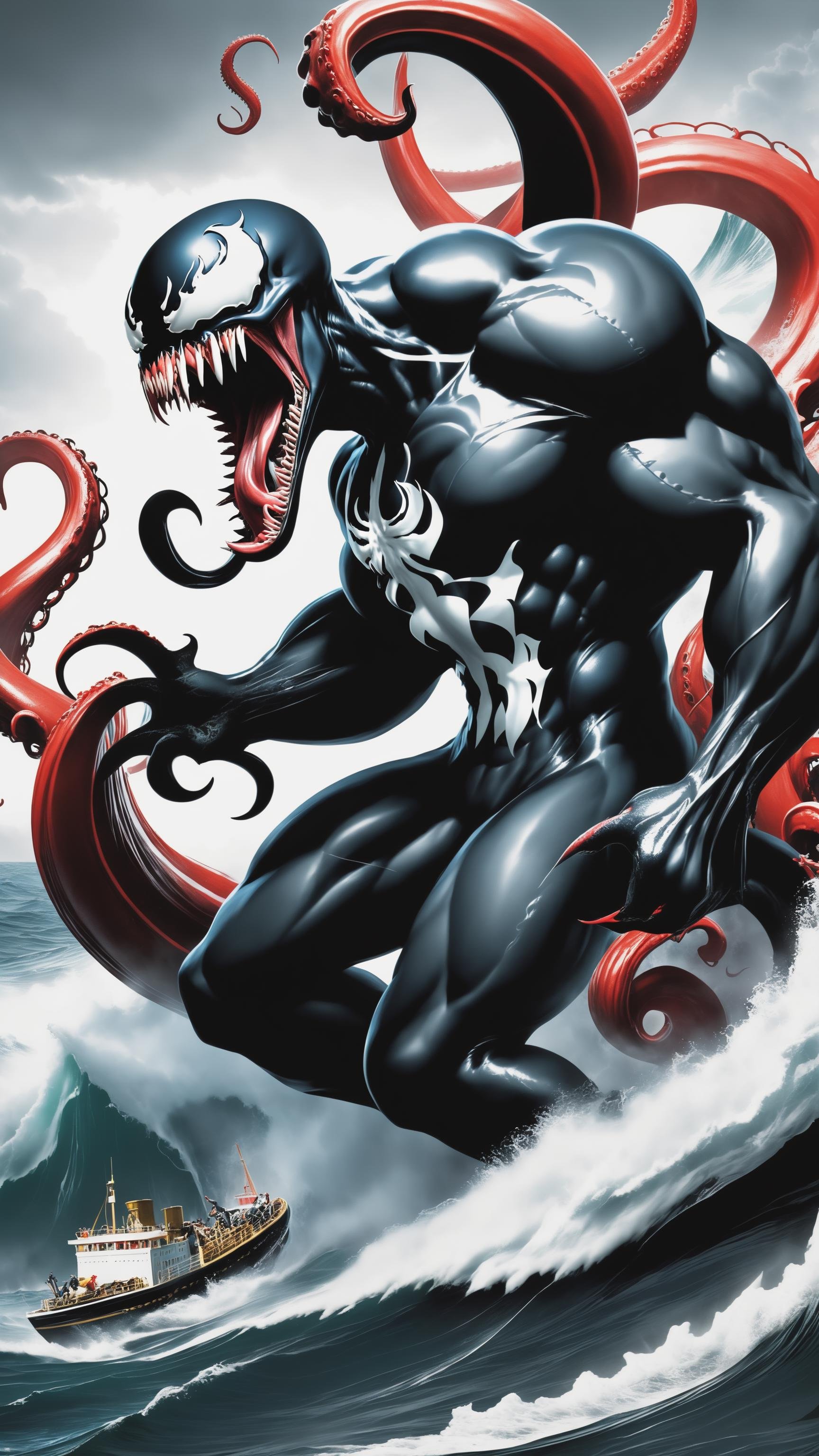 (perfect mix between venom and kraken:1.9), with venom's black tentacles protruding from his entire body, destroying ships on the ocean, blood on the mouth, epic, cataclysmic, gargantuan, absurdres, best quality, realistic style