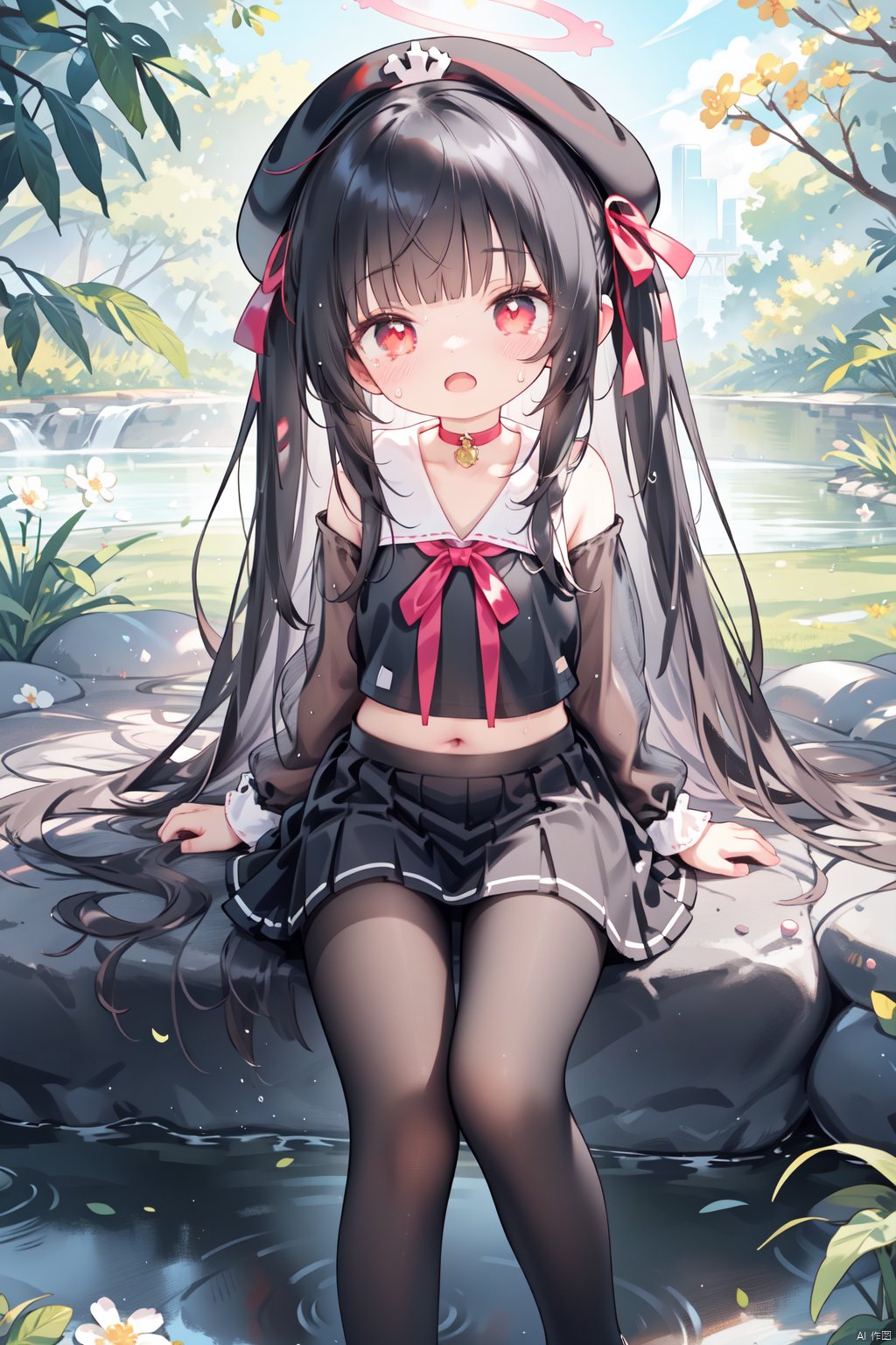  (masterpiece:1.1), (best quality:1.2), highres, original, extremely detailed wallpaper, official art,1girl, solo, long hair, (little_girl:1.2),black gloves, see-through,  wet, see-through serafuku,soaked,wet clothes,Shoulders, navel,(petite:1.1),bright_pupils,loli,looking at viewer, blush, bangs, shirt, long sleeves, hat, ribbon,,Open mouth indicating flustered,sad,tears,open mouth, outdoors, frills, red ribbon, black headwear, loli, bangs, skirt, black hair, red eyes, full body, pleated skirt, choker, miniskirt, blunt bangs, gradient, black pantyhose, black choker, halo,thighband pantyhose,