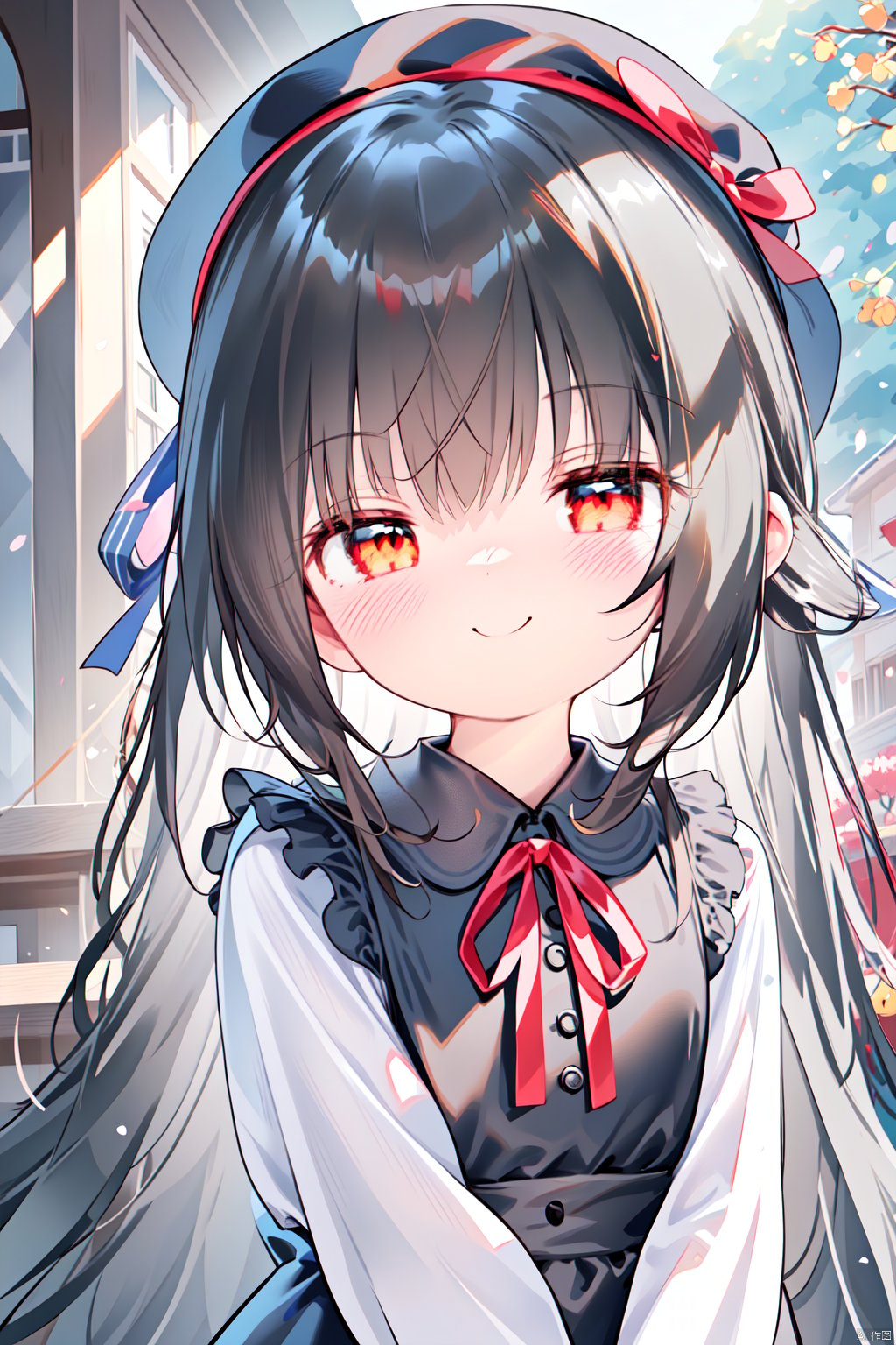  (masterpiece:1.1), (best quality:1.2), highres, original, extremely detailed wallpaper, official art,1girl, solo, long hair, (little_girl:1.2),(petite:1.1),bright_pupils,blue eyes,gothic_lolita,dress,loli,looking at viewer, blush, smile, bangs, white hair, shirt, long sleeves, hat, dress, ribbon, brown eyes, closed mouth, hair ribbon, upper body, outdoors, frills, blurry, red ribbon, black headwear, blurry background, loli